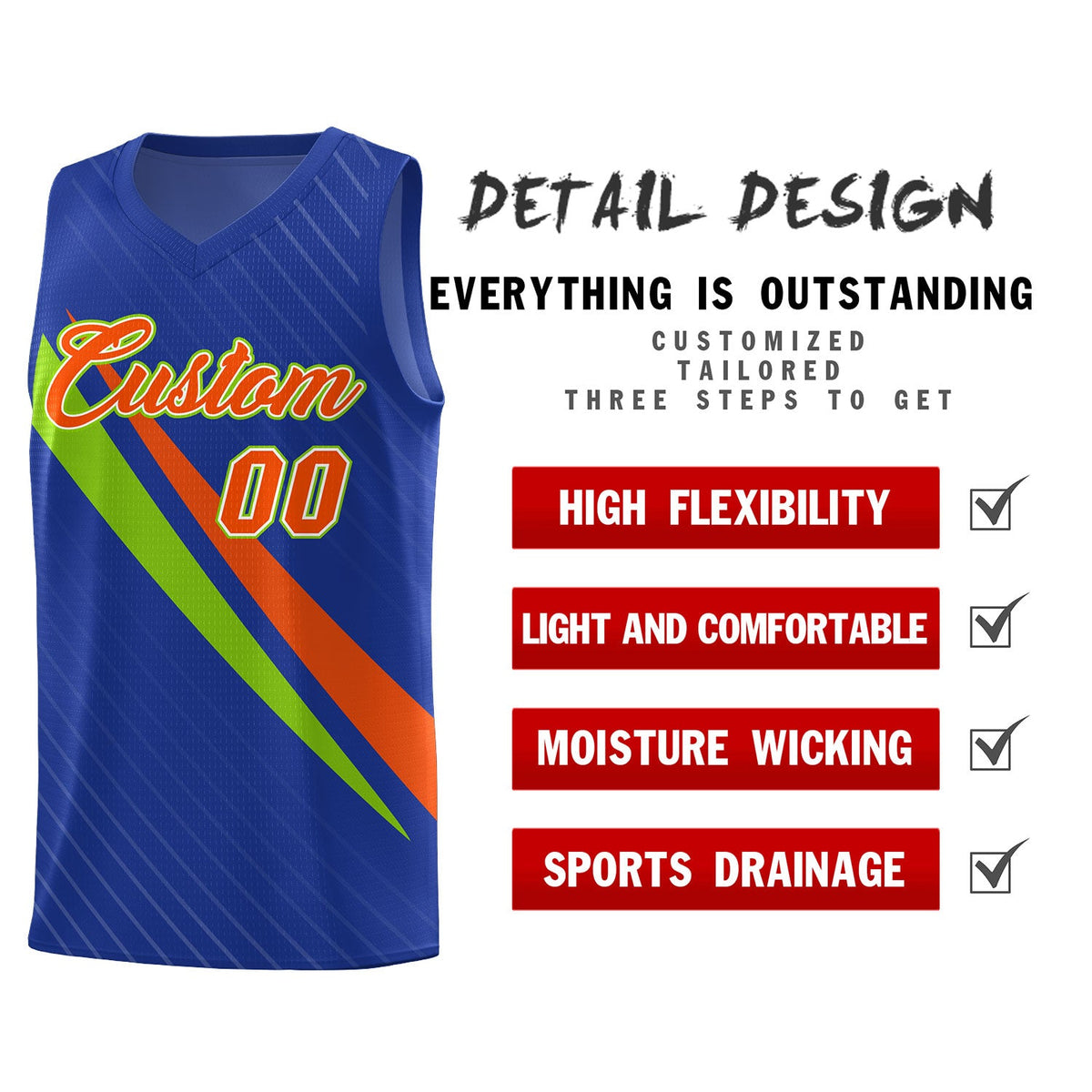 Custom Royal Diagonal Pinstripe Pattern Color Block Sports Uniform Basketball Jersey