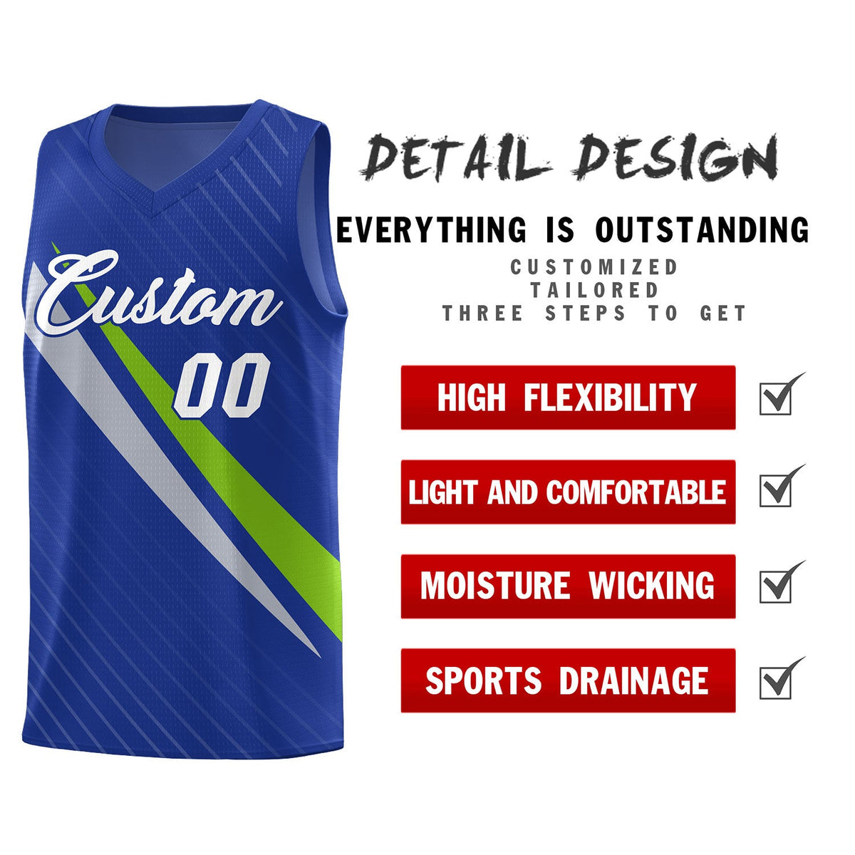 Custom Royal Diagonal Pinstripe Pattern Color Block Sports Uniform Basketball Jersey