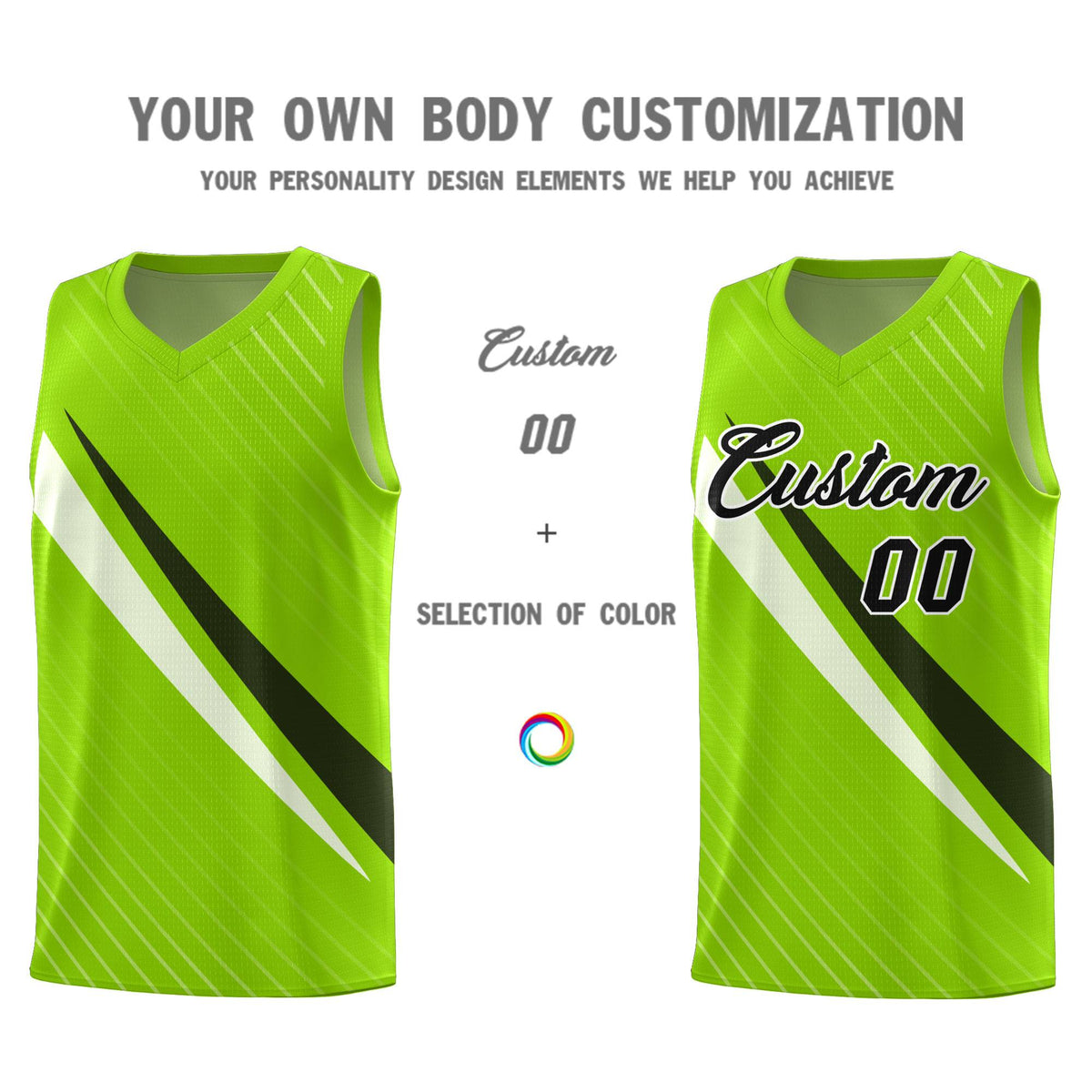 Custom Neon Green Diagonal Pinstripe Pattern Color Block Sports Uniform Basketball Jersey