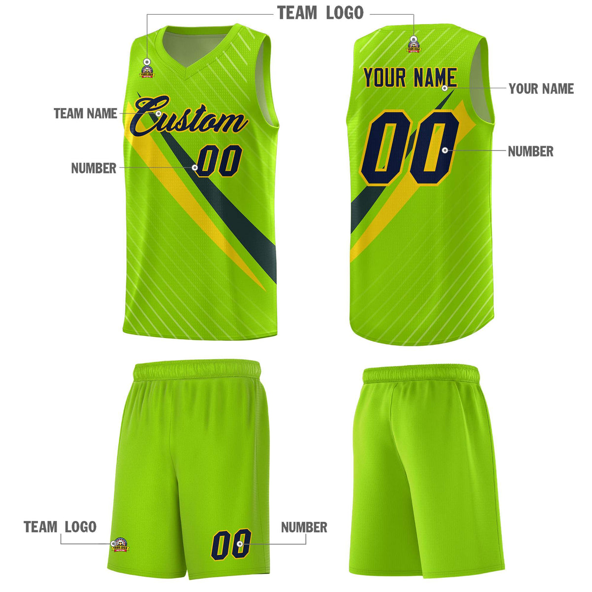 Custom Neon Green Diagonal Pinstripe Pattern Color Block Sports Uniform Basketball Jersey
