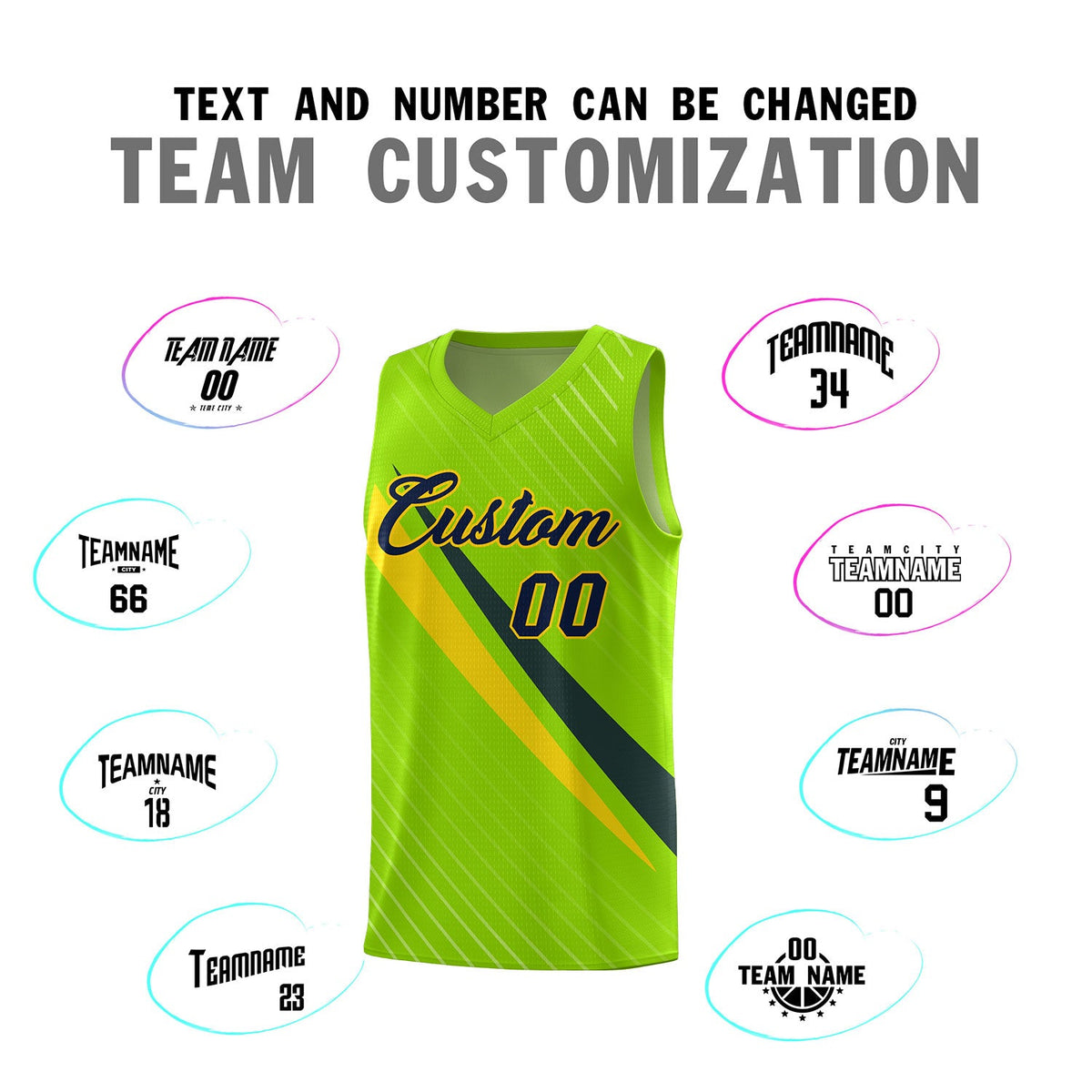 Custom Neon Green Diagonal Pinstripe Pattern Color Block Sports Uniform Basketball Jersey