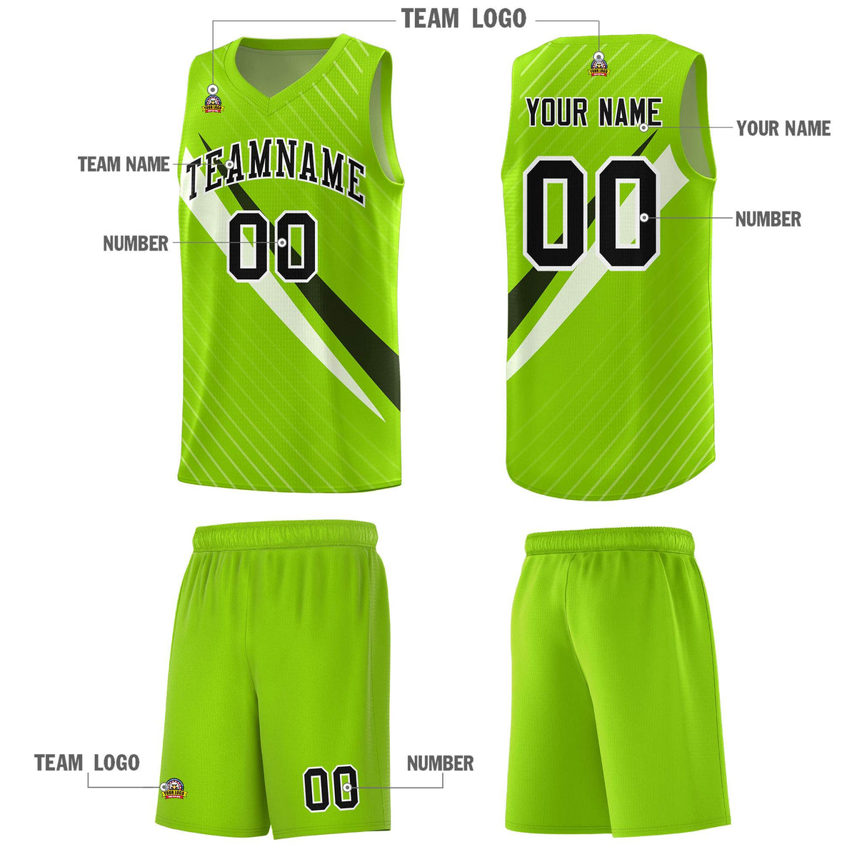 Custom Neon Green Diagonal Pinstripe Pattern Color Block Sports Uniform Basketball Jersey