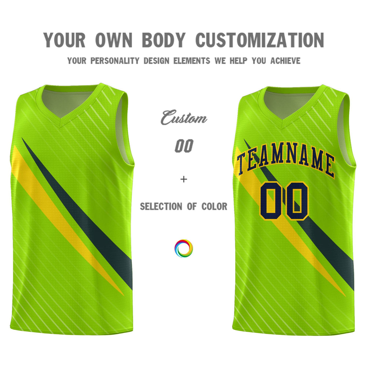 Custom Neon Green Diagonal Pinstripe Pattern Color Block Sports Uniform Basketball Jersey
