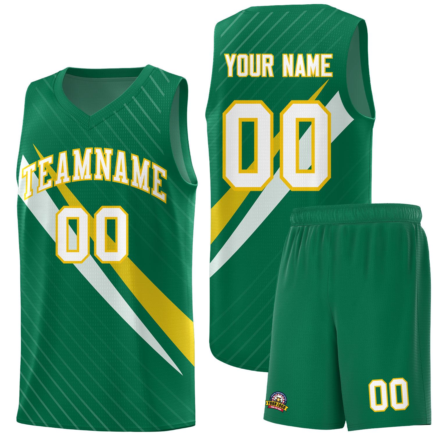 Custom Kelly Green Diagonal Pinstripe Pattern Color Block Sports Uniform Basketball Jersey