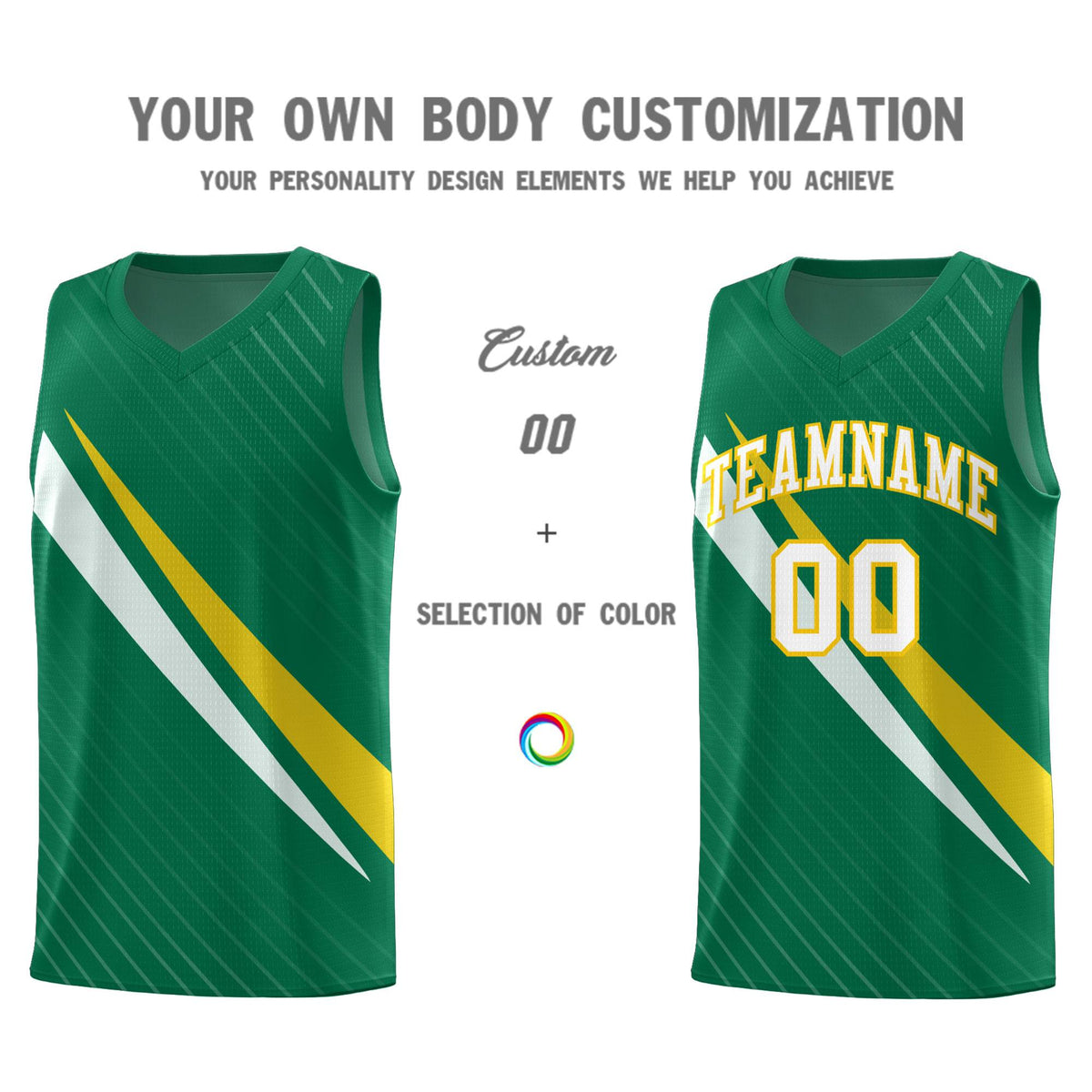 Custom Kelly Green Diagonal Pinstripe Pattern Color Block Sports Uniform Basketball Jersey
