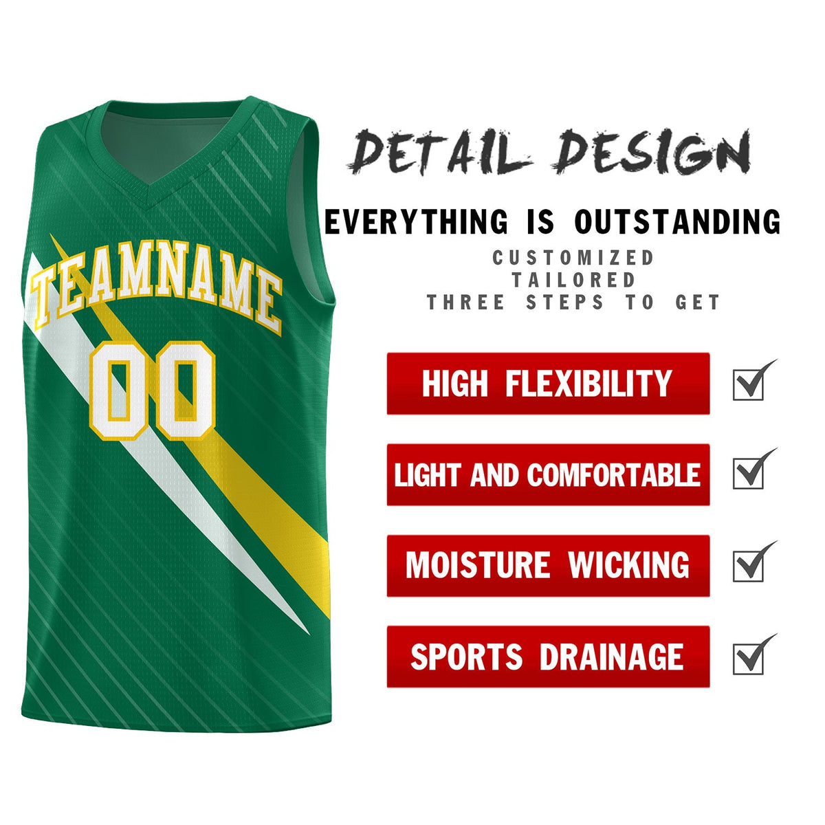 Custom Kelly Green Diagonal Pinstripe Pattern Color Block Sports Uniform Basketball Jersey