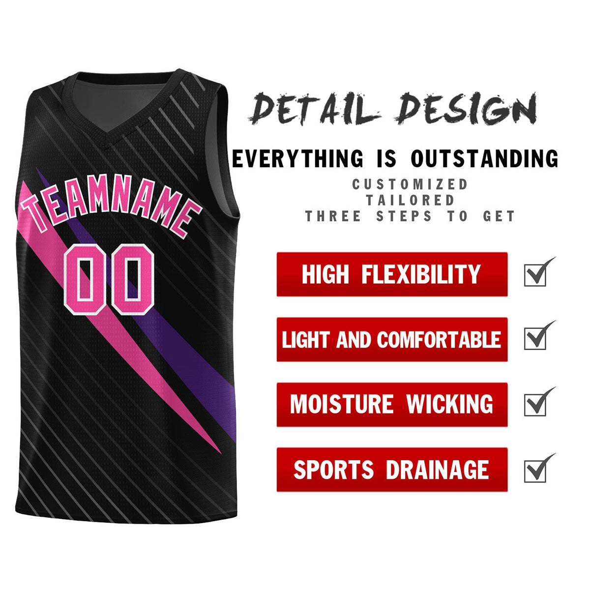 Custom Black Diagonal Pinstripe Pattern Color Block Sports Uniform Basketball Jersey