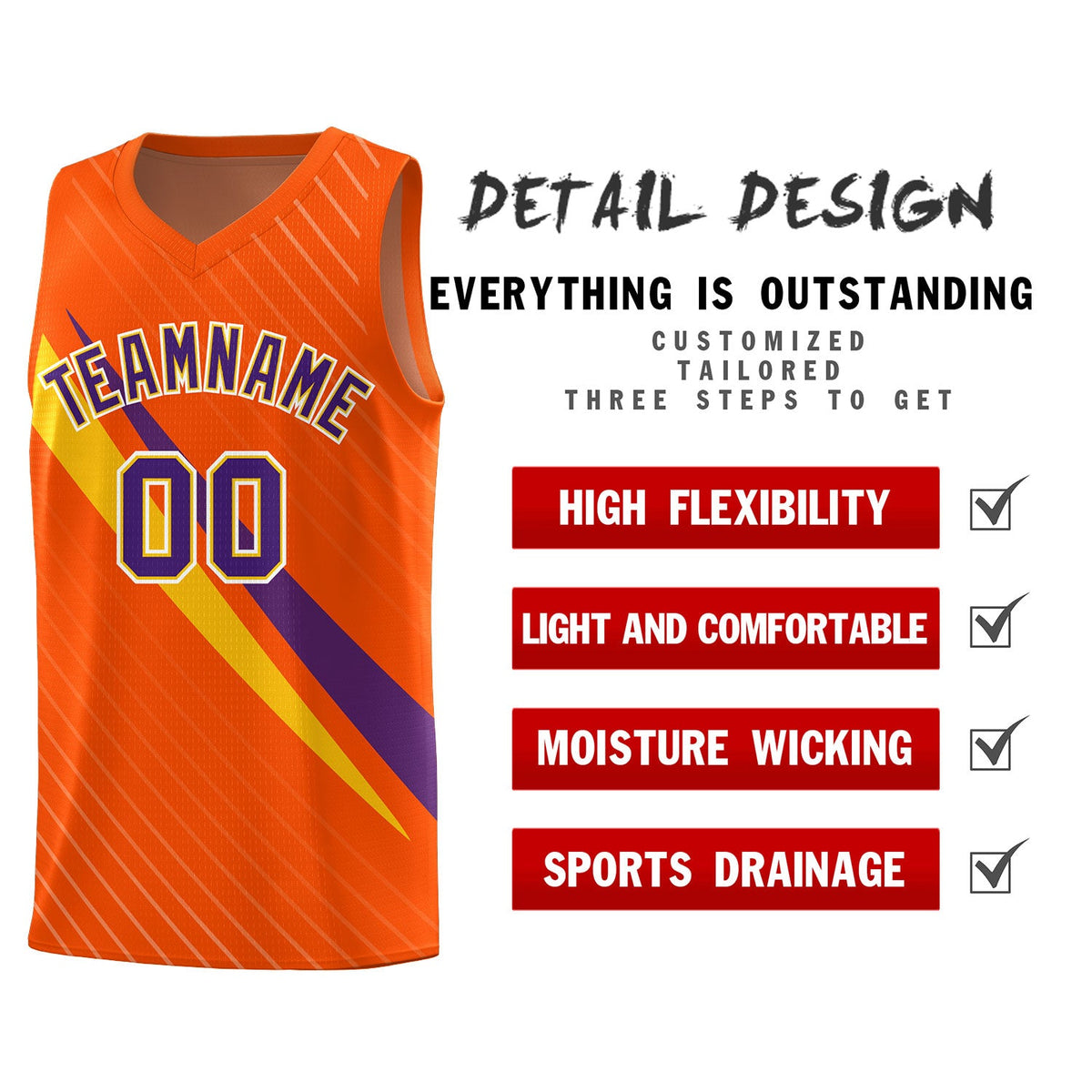 Custom Orange Diagonal Pinstripe Pattern Color Block Sports Uniform Basketball Jersey