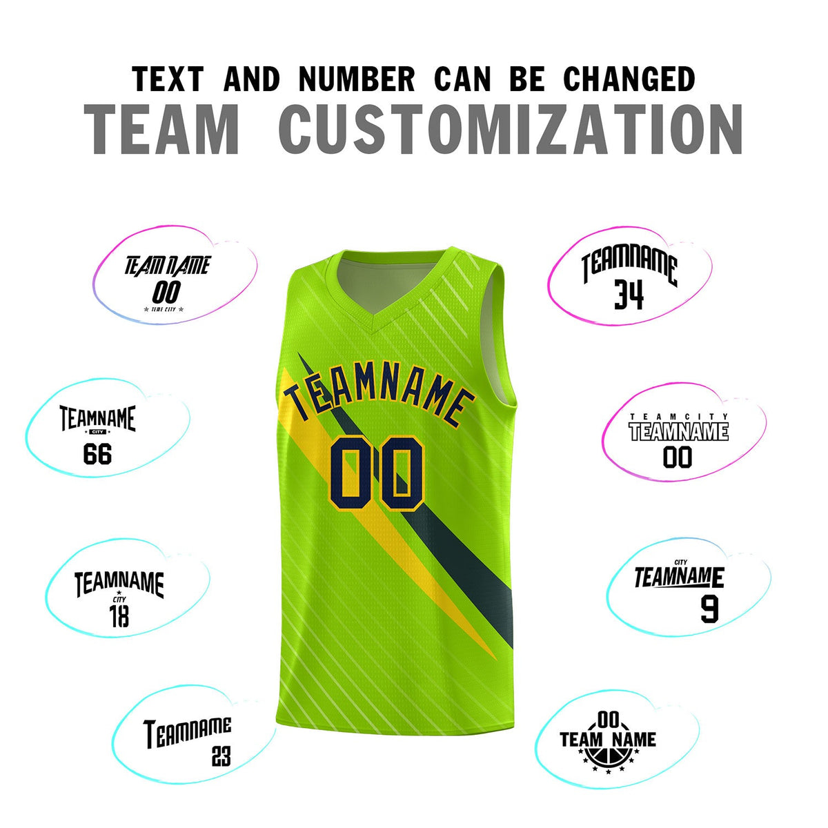 Custom Neon Green Diagonal Pinstripe Pattern Color Block Sports Uniform Basketball Jersey