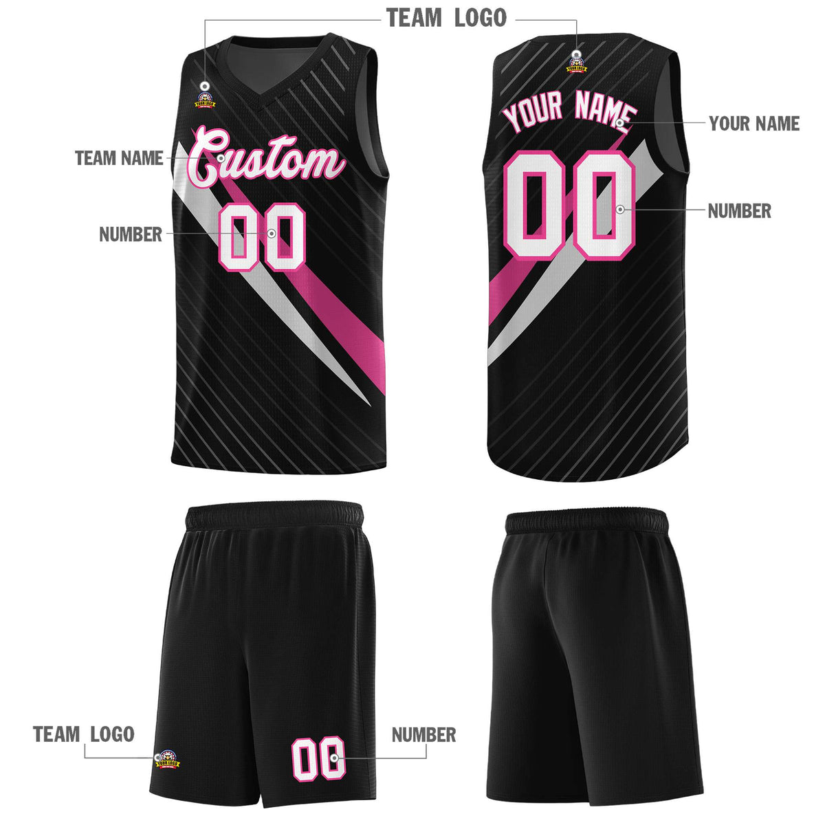 Custom Black Diagonal Pinstripe Pattern Color Block Sports Uniform Basketball Jersey