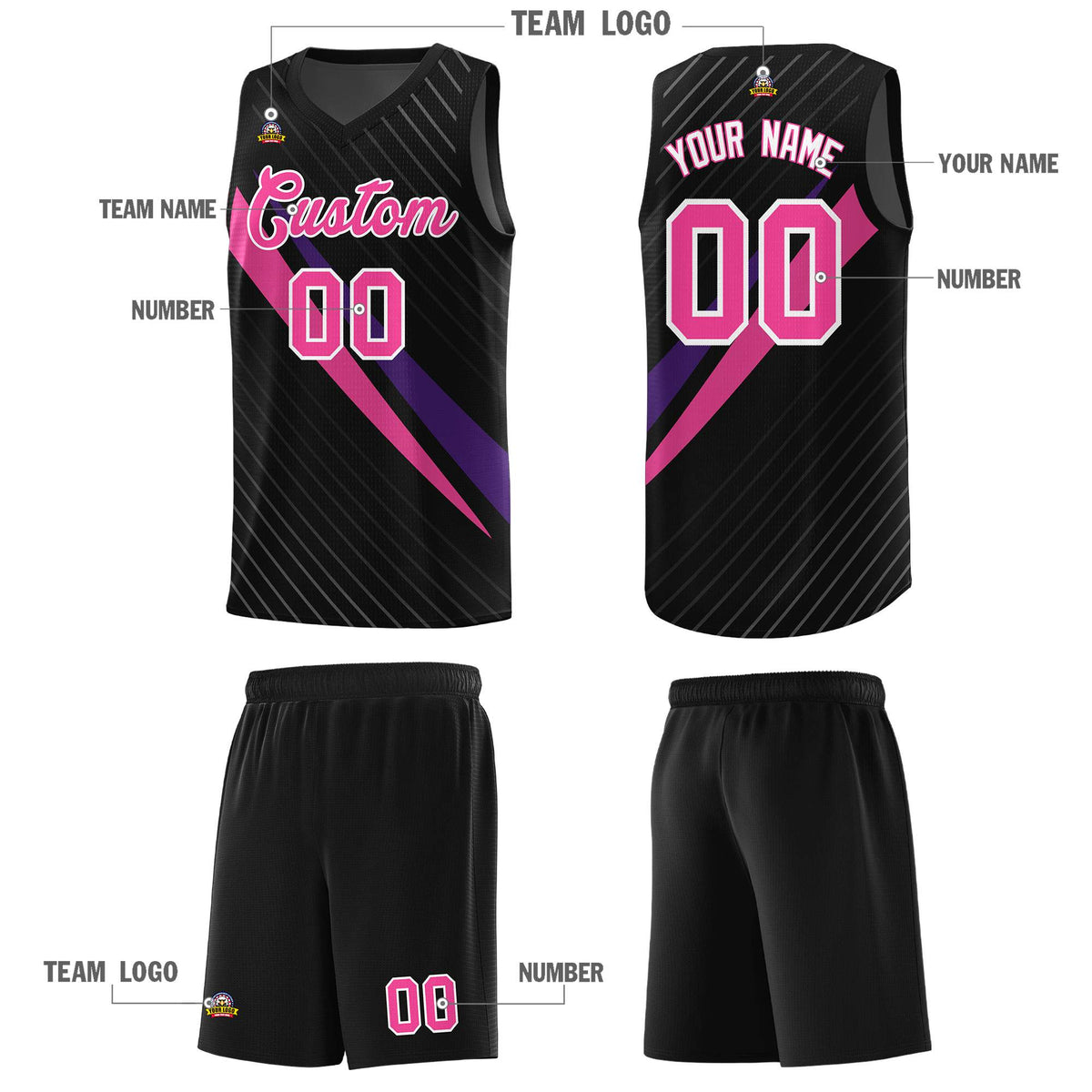 Custom Black Diagonal Pinstripe Pattern Color Block Sports Uniform Basketball Jersey