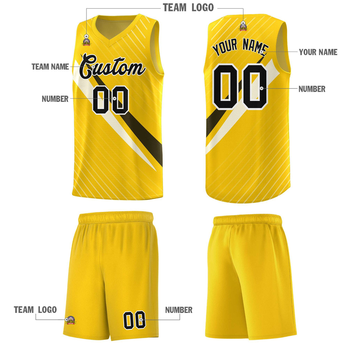 Custom Gold Diagonal Pinstripe Pattern Color Block Sports Uniform Basketball Jersey