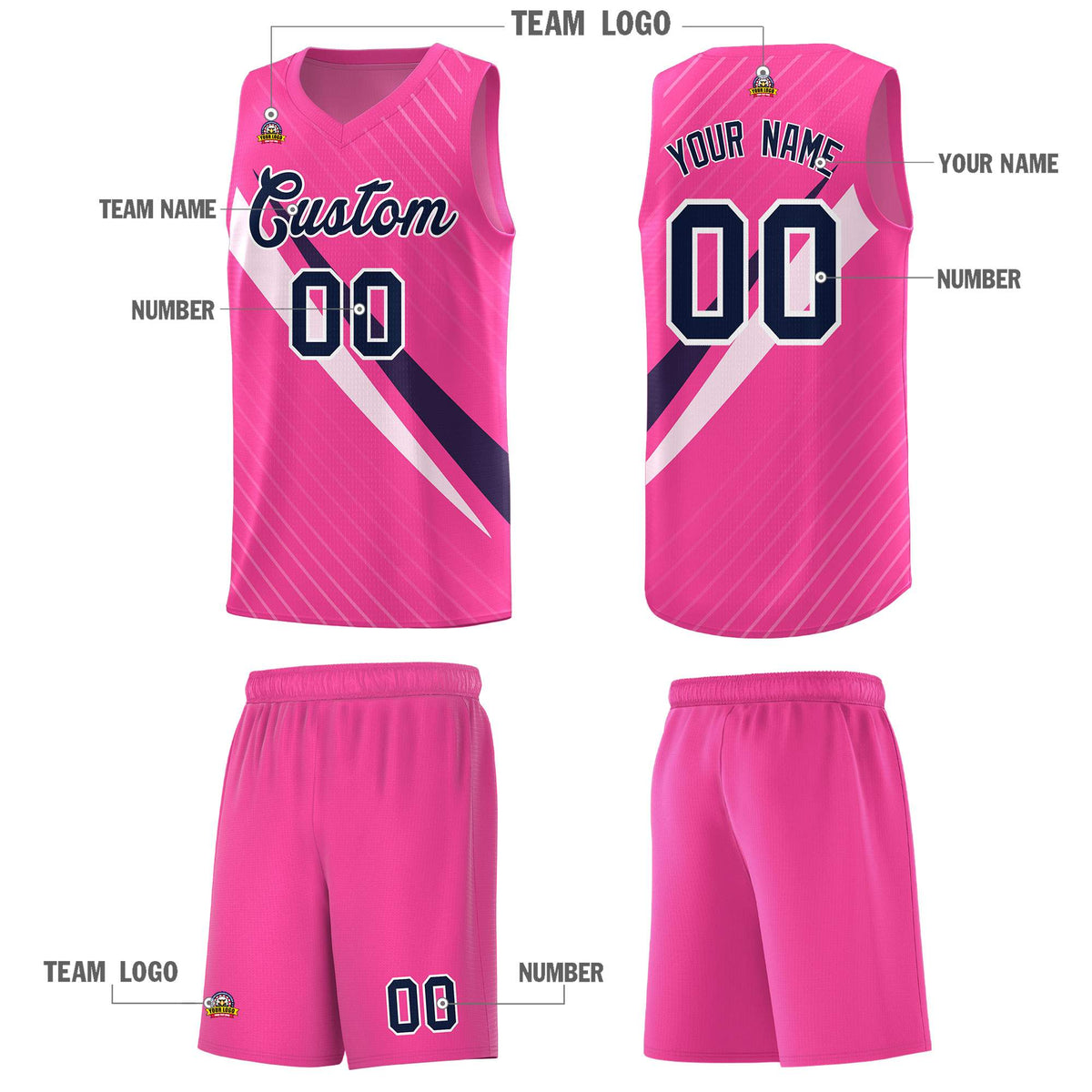 Custom Pink Diagonal Pinstripe Pattern Color Block Sports Uniform Basketball Jersey