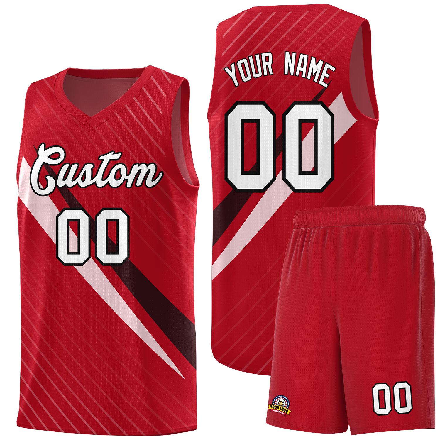 Custom Red Diagonal Pinstripe Pattern Color Block Sports Uniform Basketball Jersey