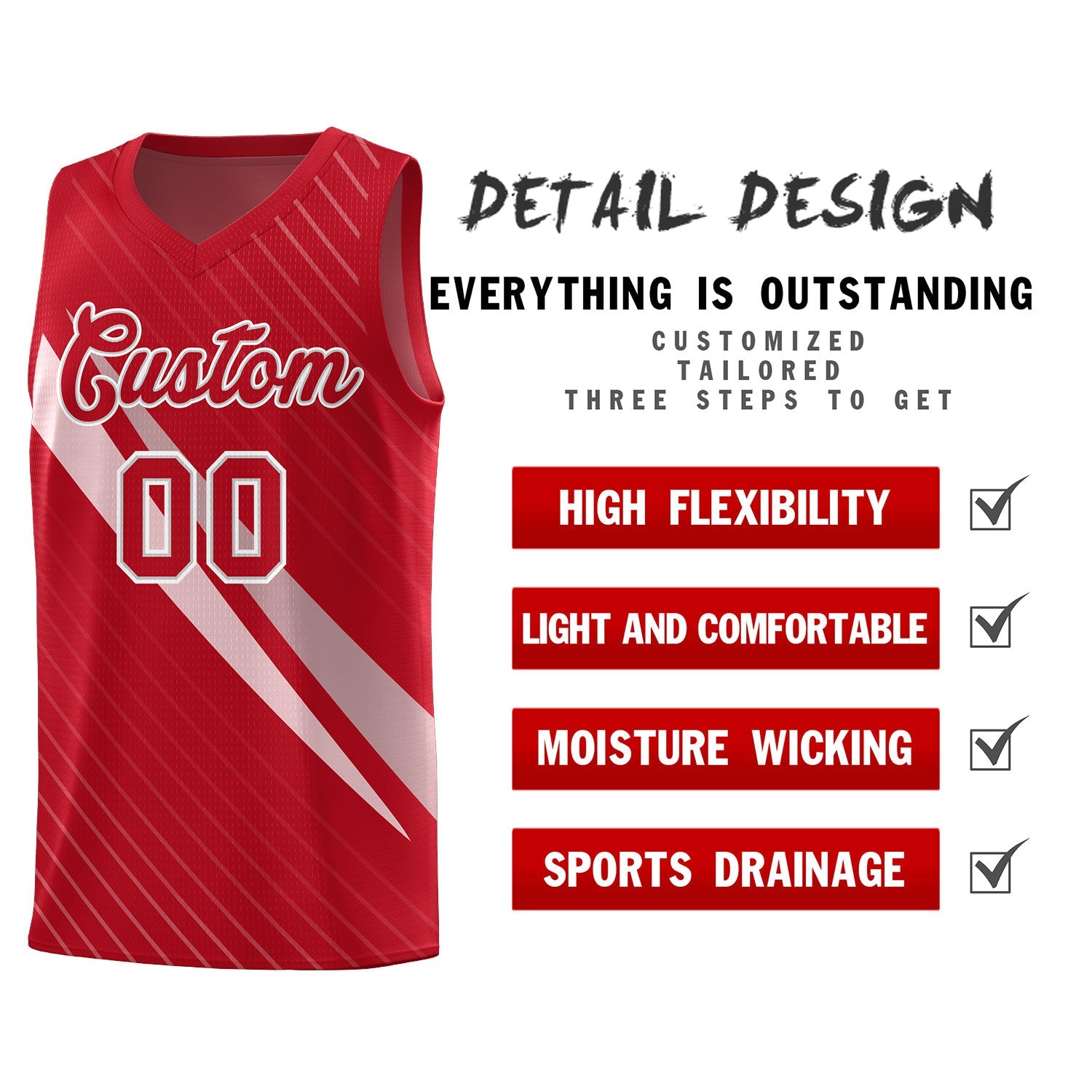 Custom Red Diagonal Pinstripe Pattern Color Block Sports Uniform Basketball Jersey