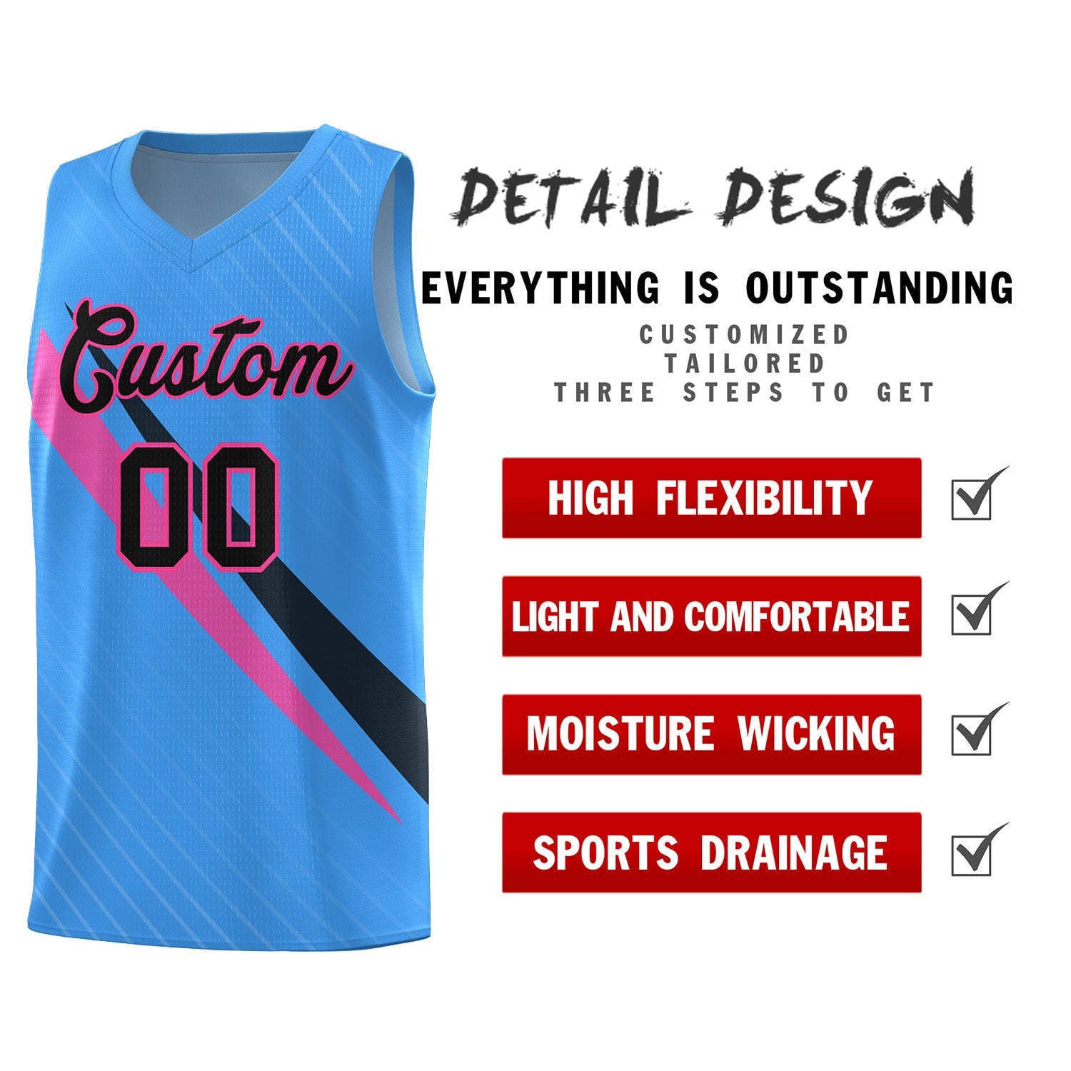 Custom Light Blue Diagonal Pinstripe Pattern Color Block Sports Uniform Basketball Jersey