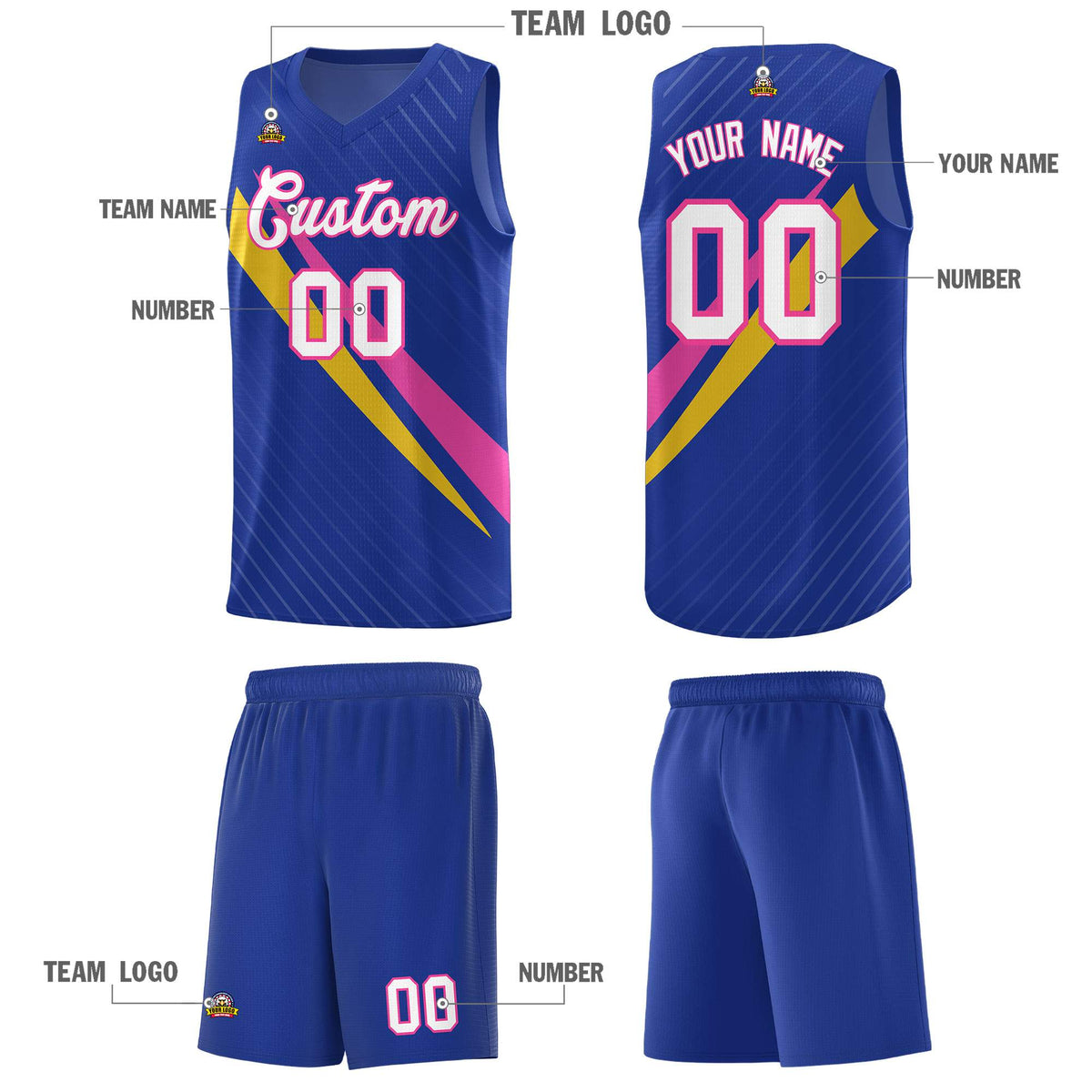 Custom Royal Diagonal Pinstripe Pattern Color Block Sports Uniform Basketball Jersey