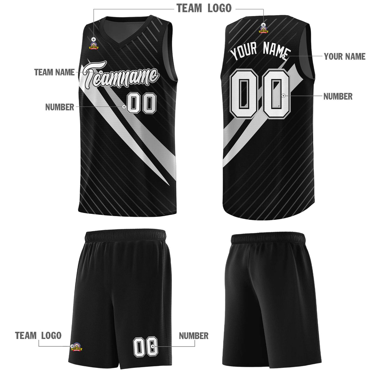 Custom Black Diagonal Pinstripe Pattern Color Block Sports Uniform Basketball Jersey