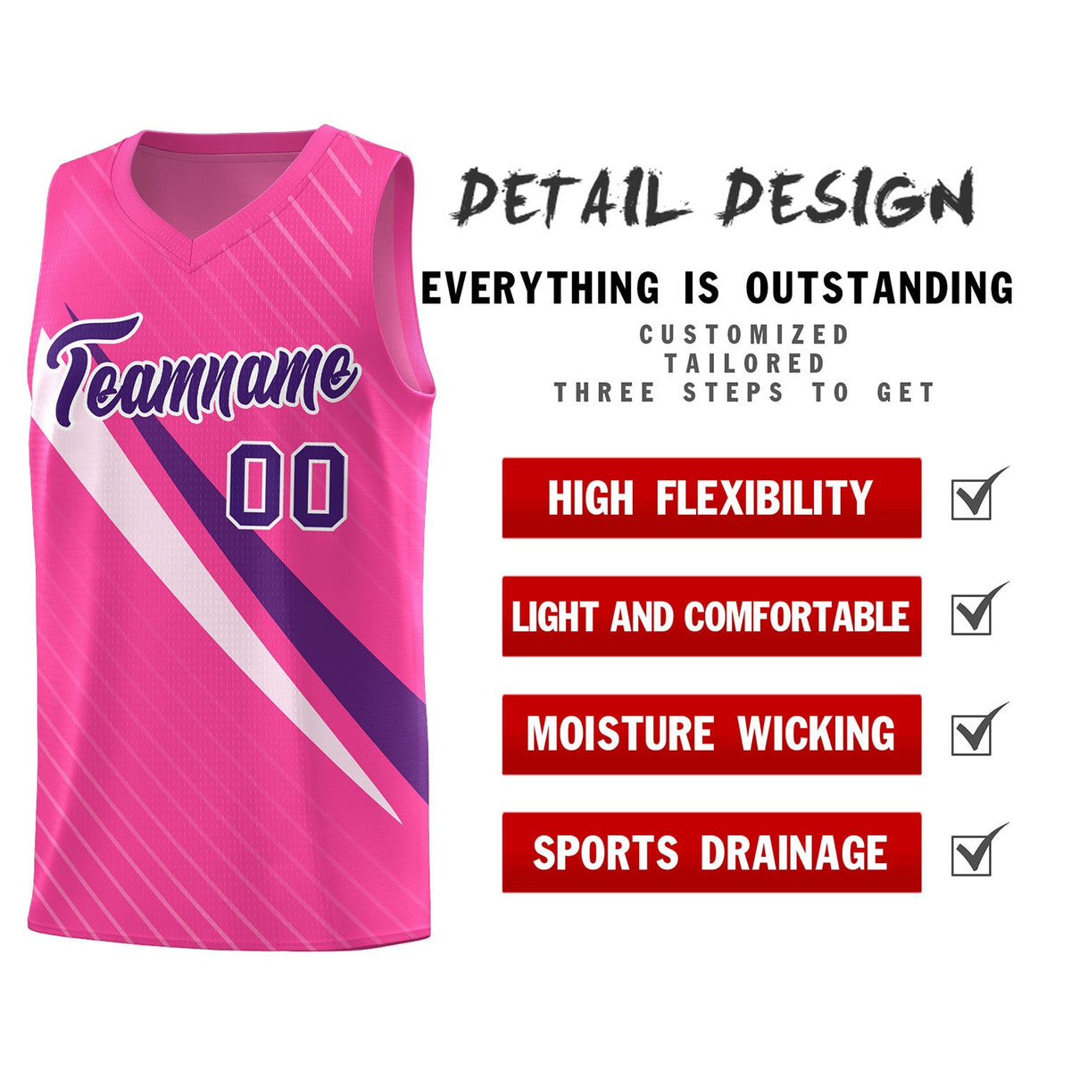 Custom Pink Diagonal Pinstripe Pattern Color Block Sports Uniform Basketball Jersey