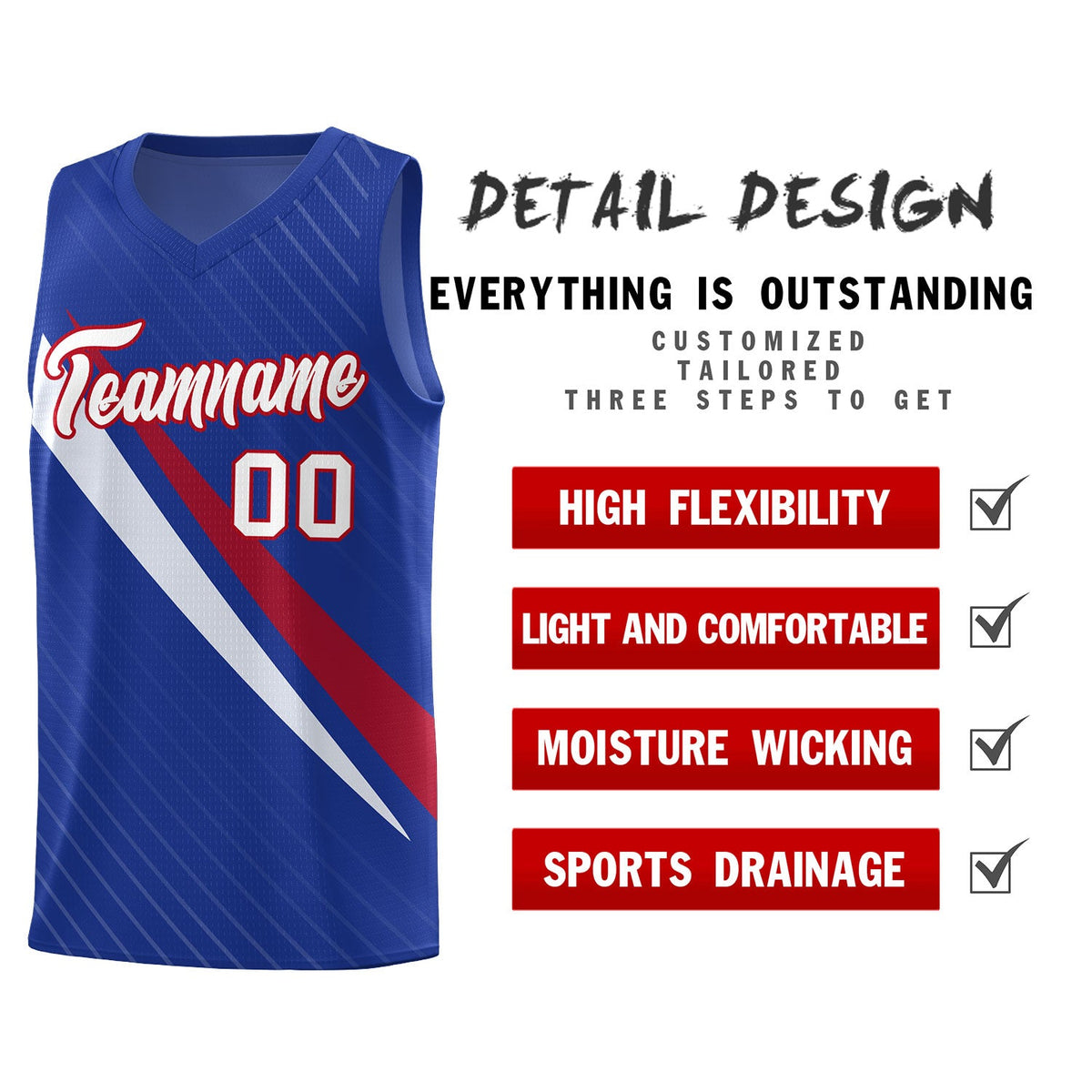 Custom Royal Diagonal Pinstripe Pattern Color Block Sports Uniform Basketball Jersey