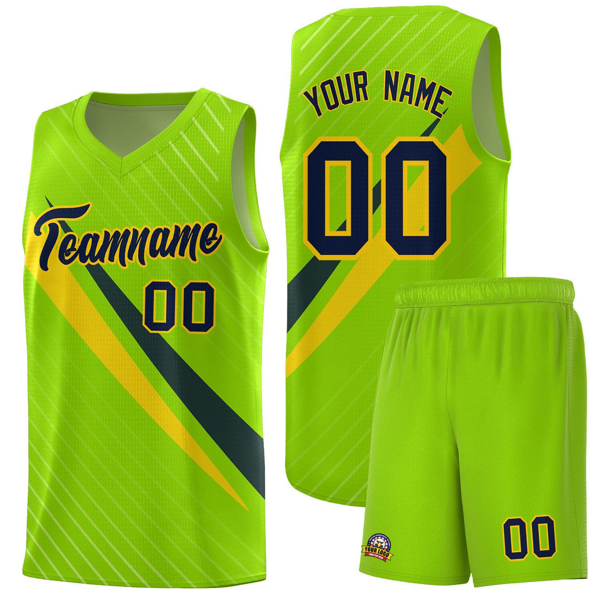 Custom Neon Green Diagonal Pinstripe Pattern Color Block Sports Uniform Basketball Jersey