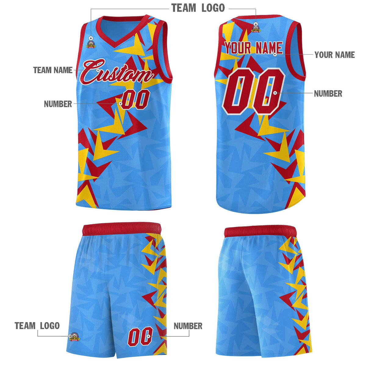 Custom Light Blue Boomerang Pattern Sets Basketball Jersey