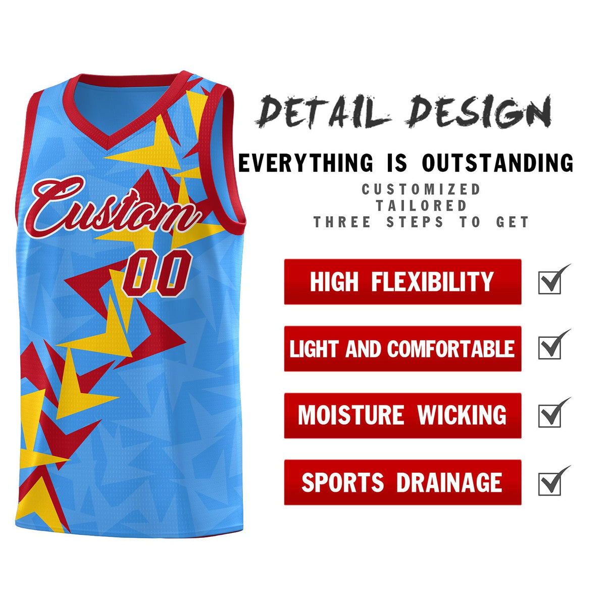 Custom Light Blue Boomerang Pattern Sets Basketball Jersey