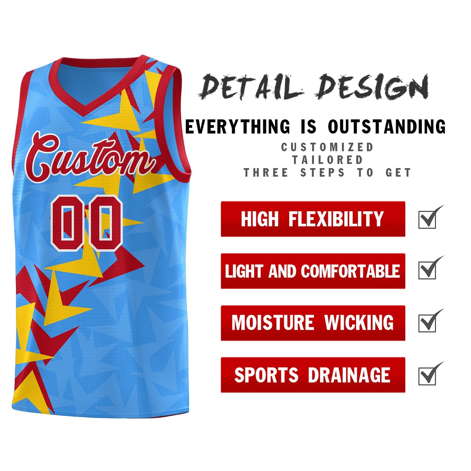 Custom Light Blue Boomerang Pattern Sets Basketball Jersey