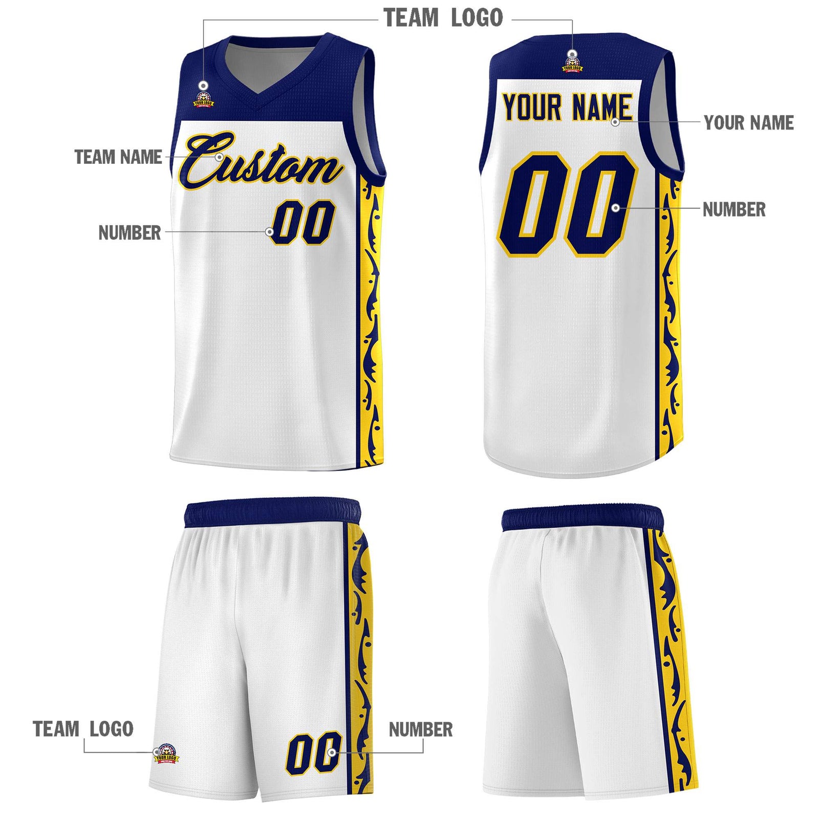 Custom White Side Pattern Sports Uniform Basketball Jersey