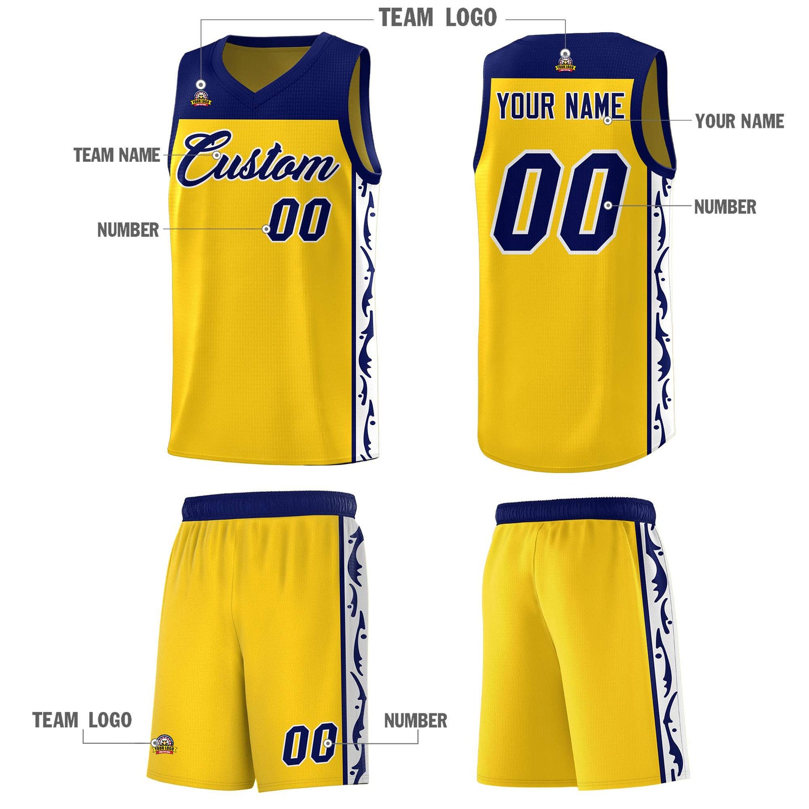 Custom Gold Side Pattern Sports Uniform Basketball Jersey