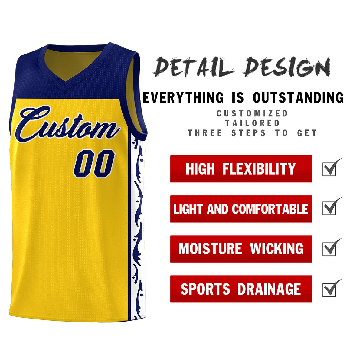 Custom Gold Side Pattern Sports Uniform Basketball Jersey