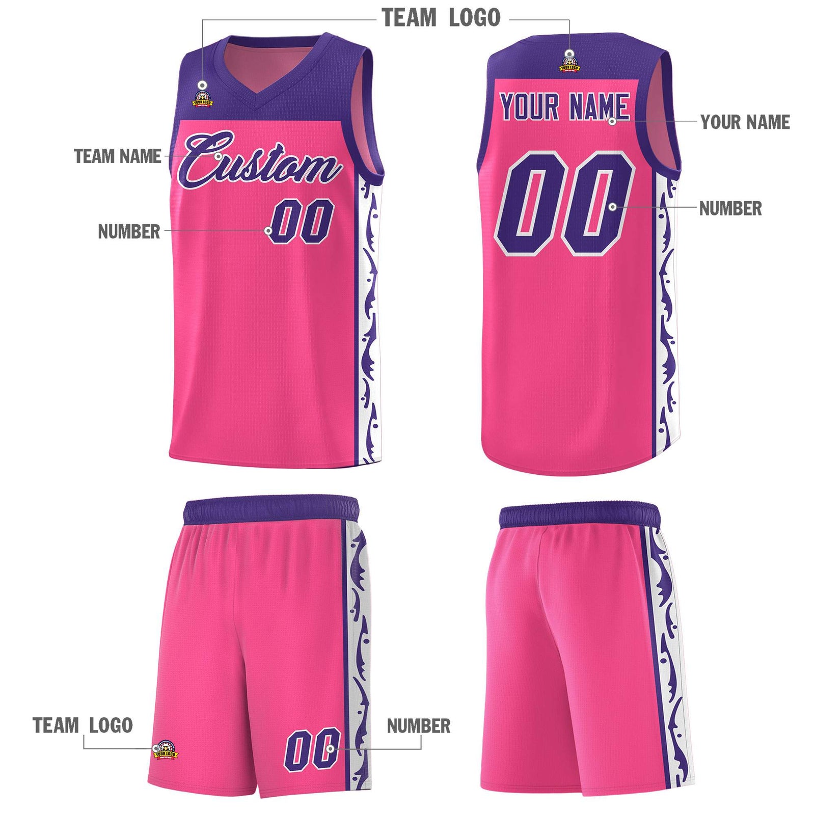 Custom Pink Side Pattern Sports Uniform Basketball Jersey