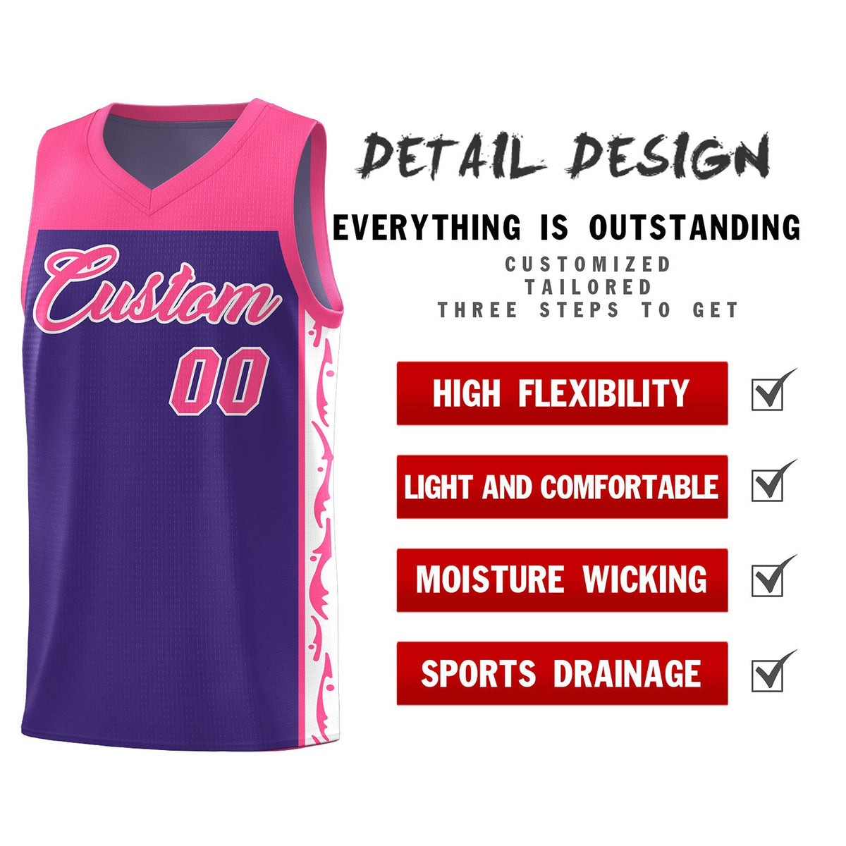 Custom Purple Side Pattern Sports Uniform Basketball Jersey