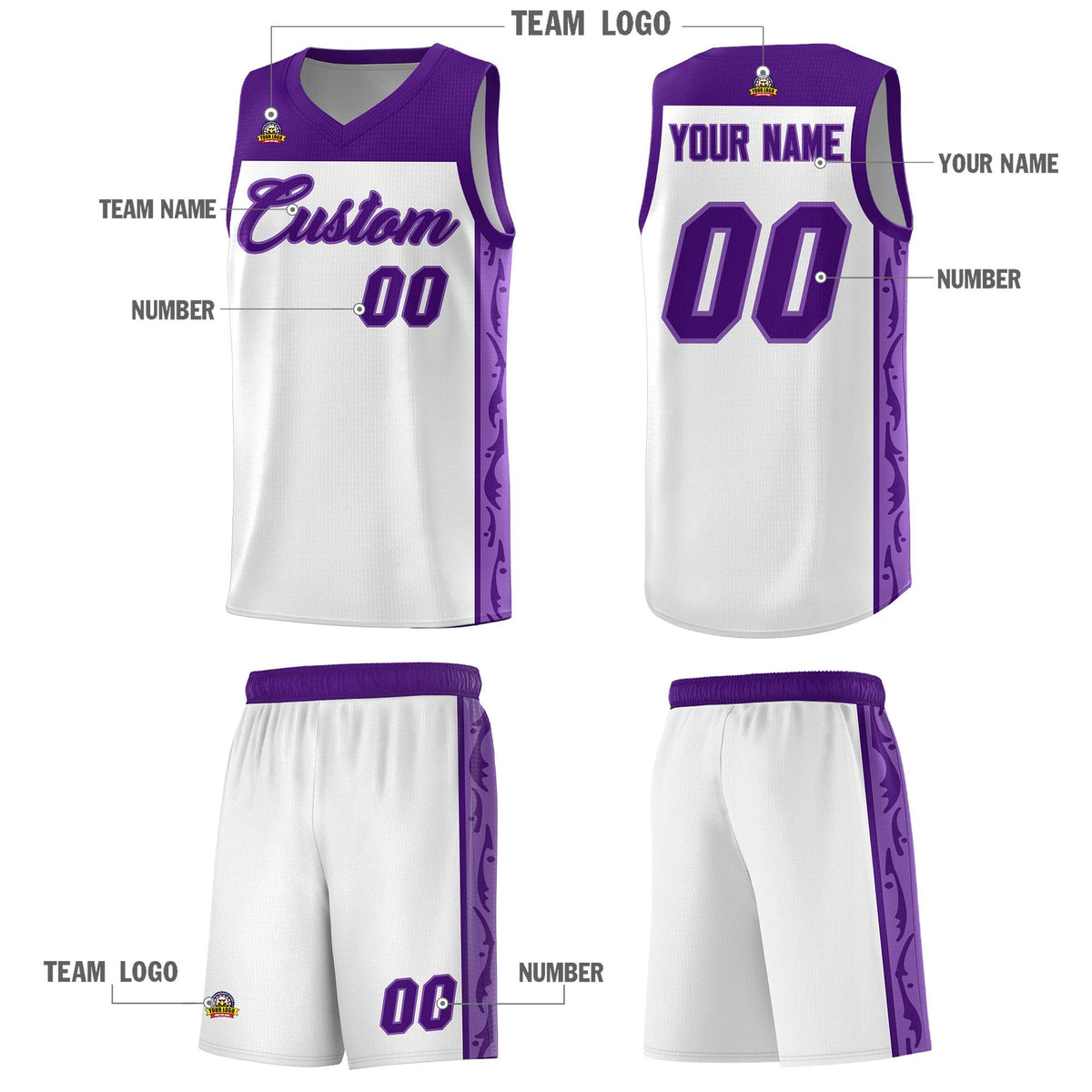 Custom White Side Pattern Sports Uniform Basketball Jersey