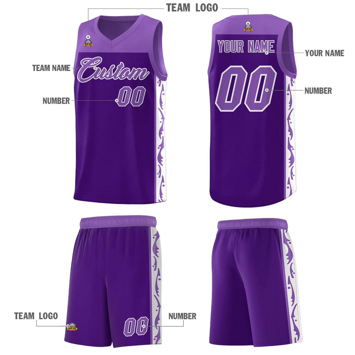 Custom Purple Side Pattern Sports Uniform Basketball Jersey