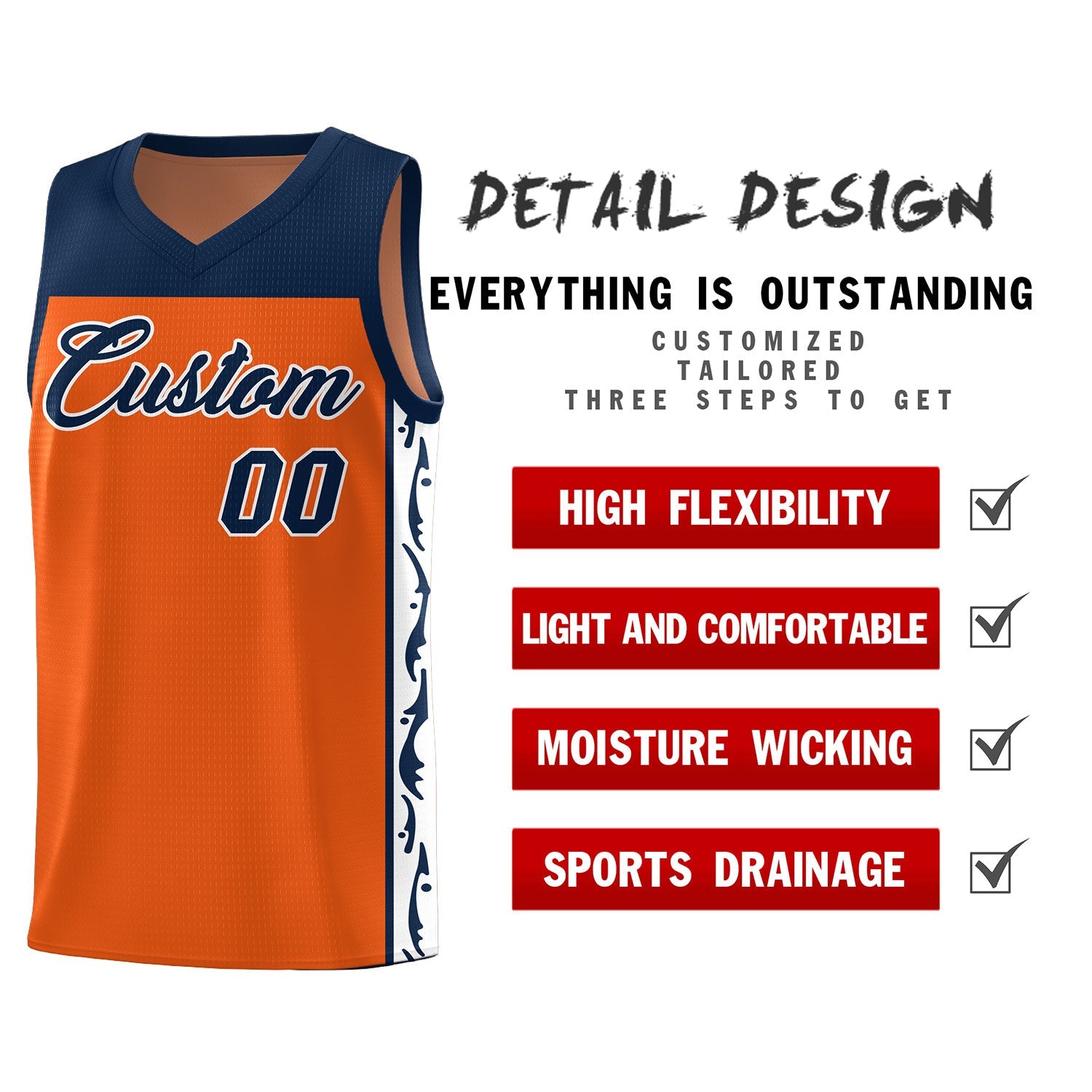 Custom Orange Side Pattern Sports Uniform Basketball Jersey