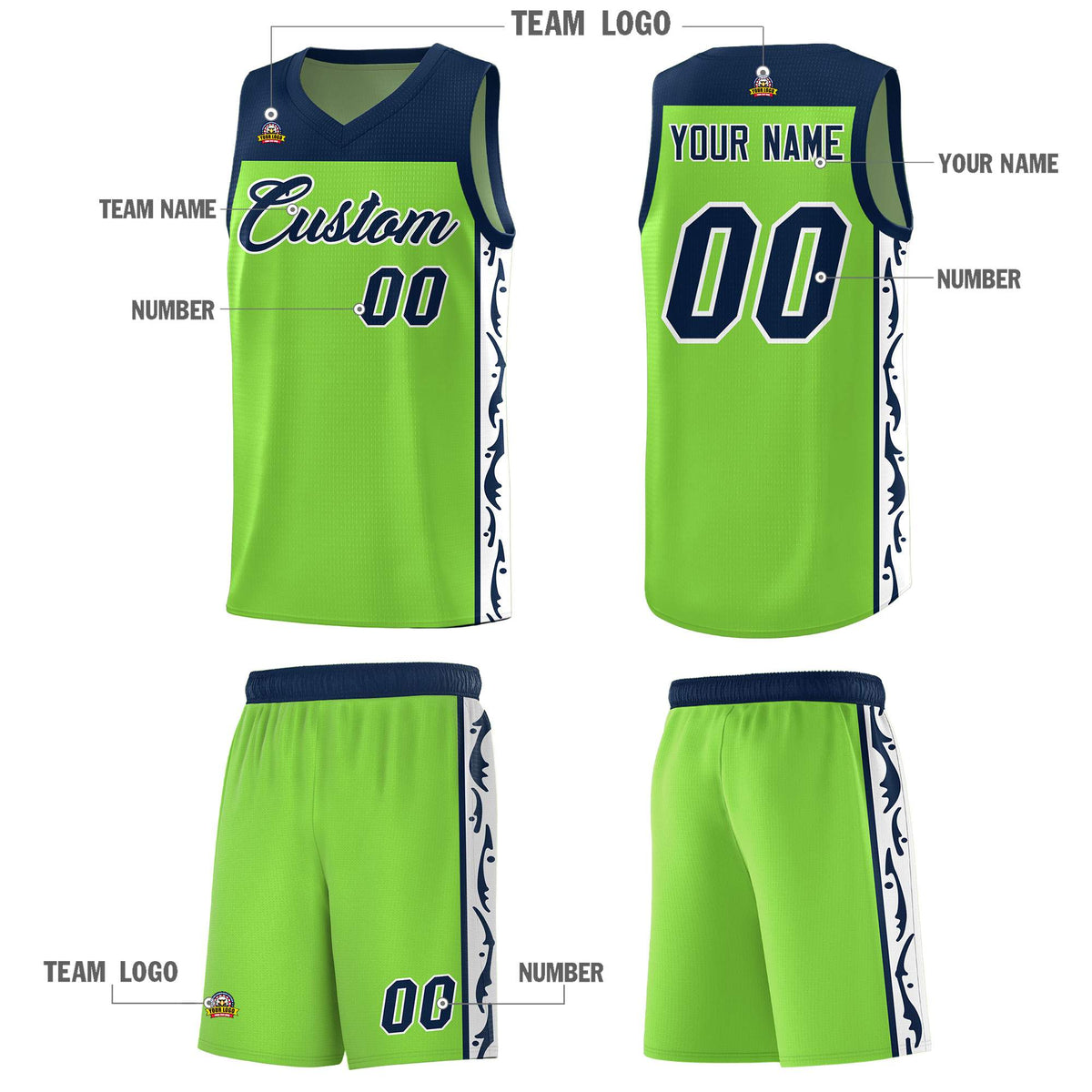 Custom Neon Green Side Pattern Sports Uniform Basketball Jersey