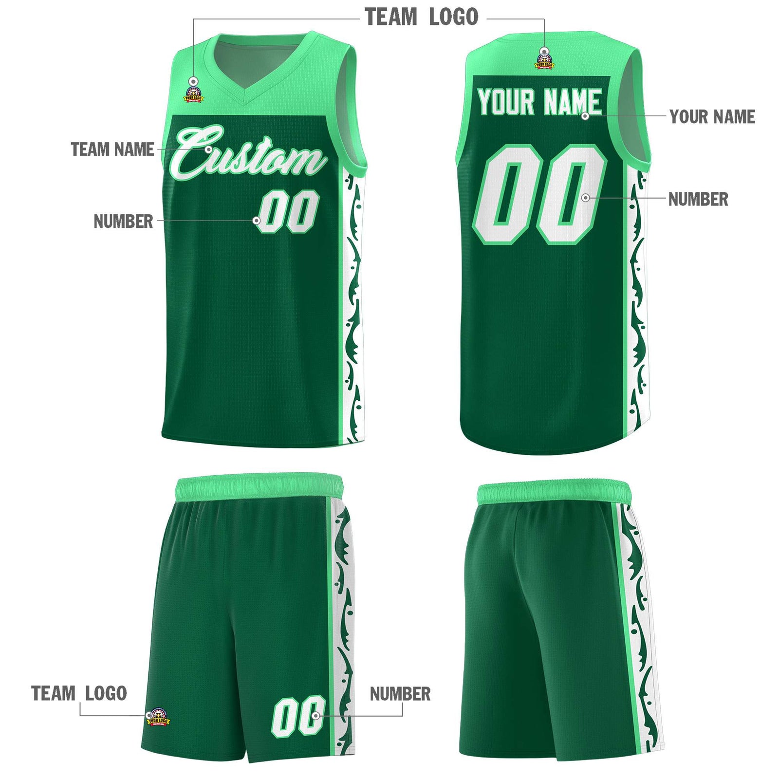 Custom Kelly Green Side Pattern Sports Uniform Basketball Jersey