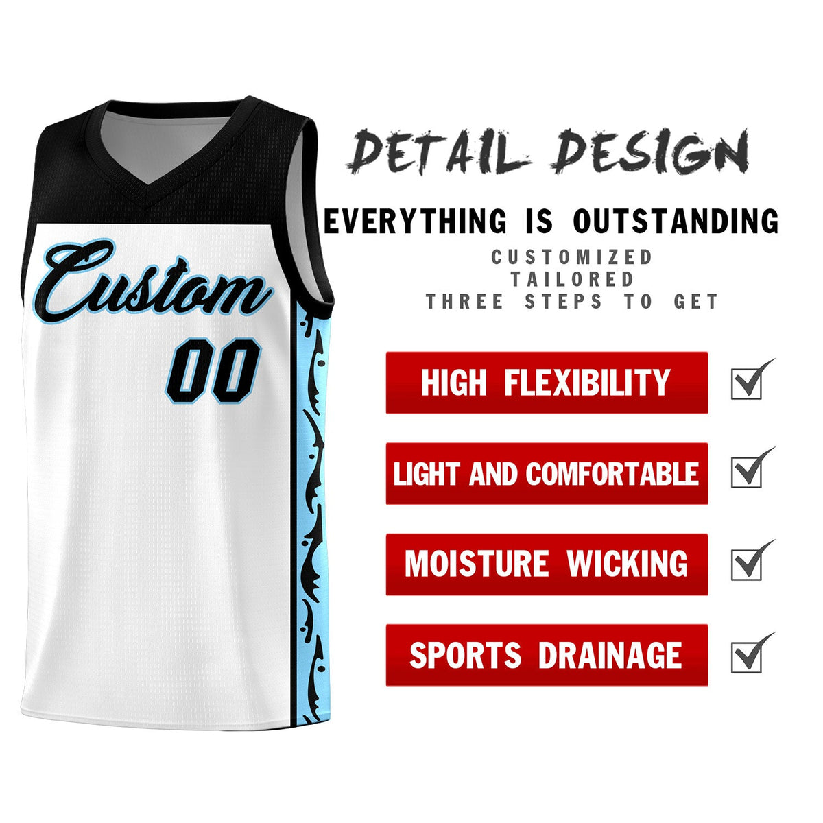 Custom White Side Pattern Sports Uniform Basketball Jersey