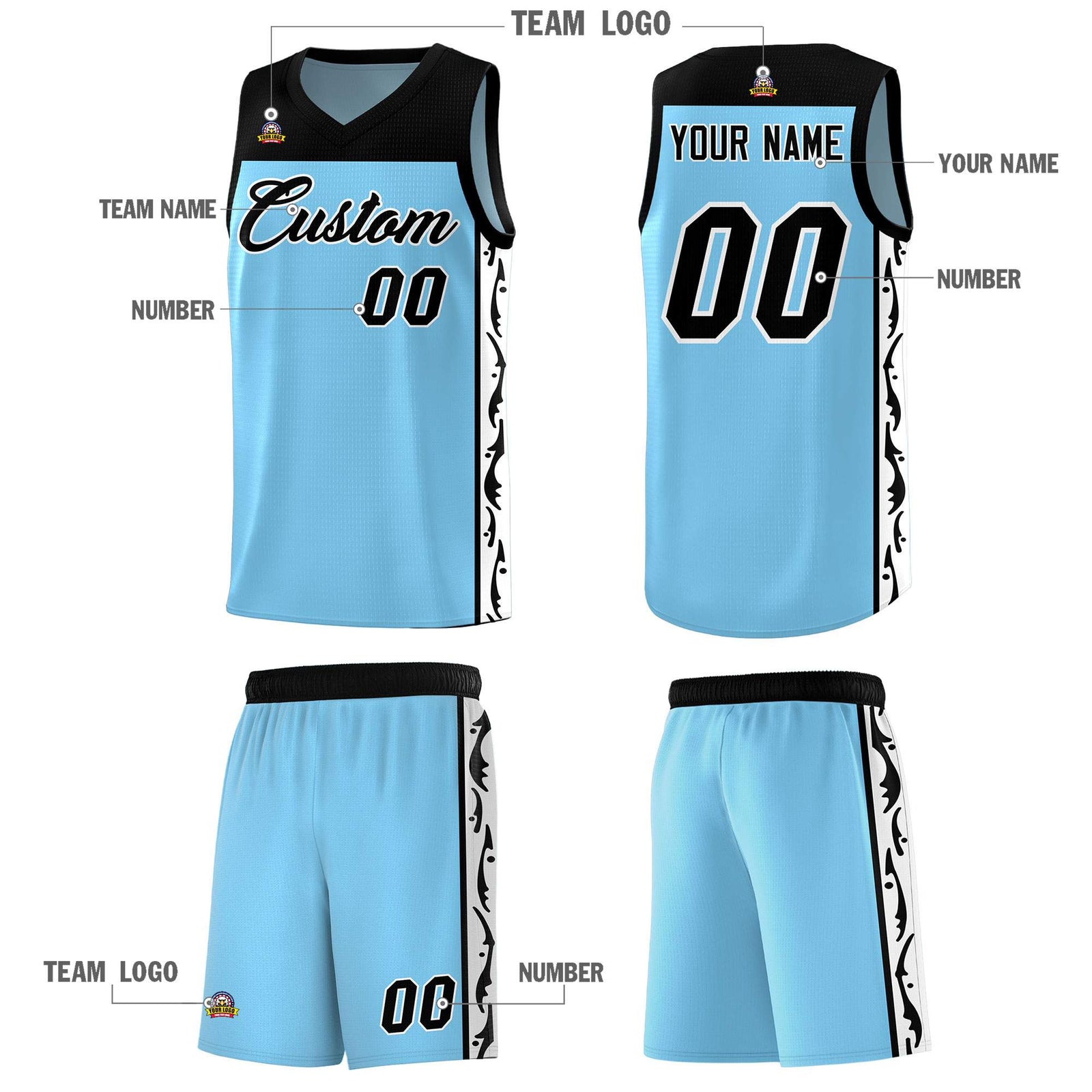 Custom Light Blue Side Pattern Sports Uniform Basketball Jersey