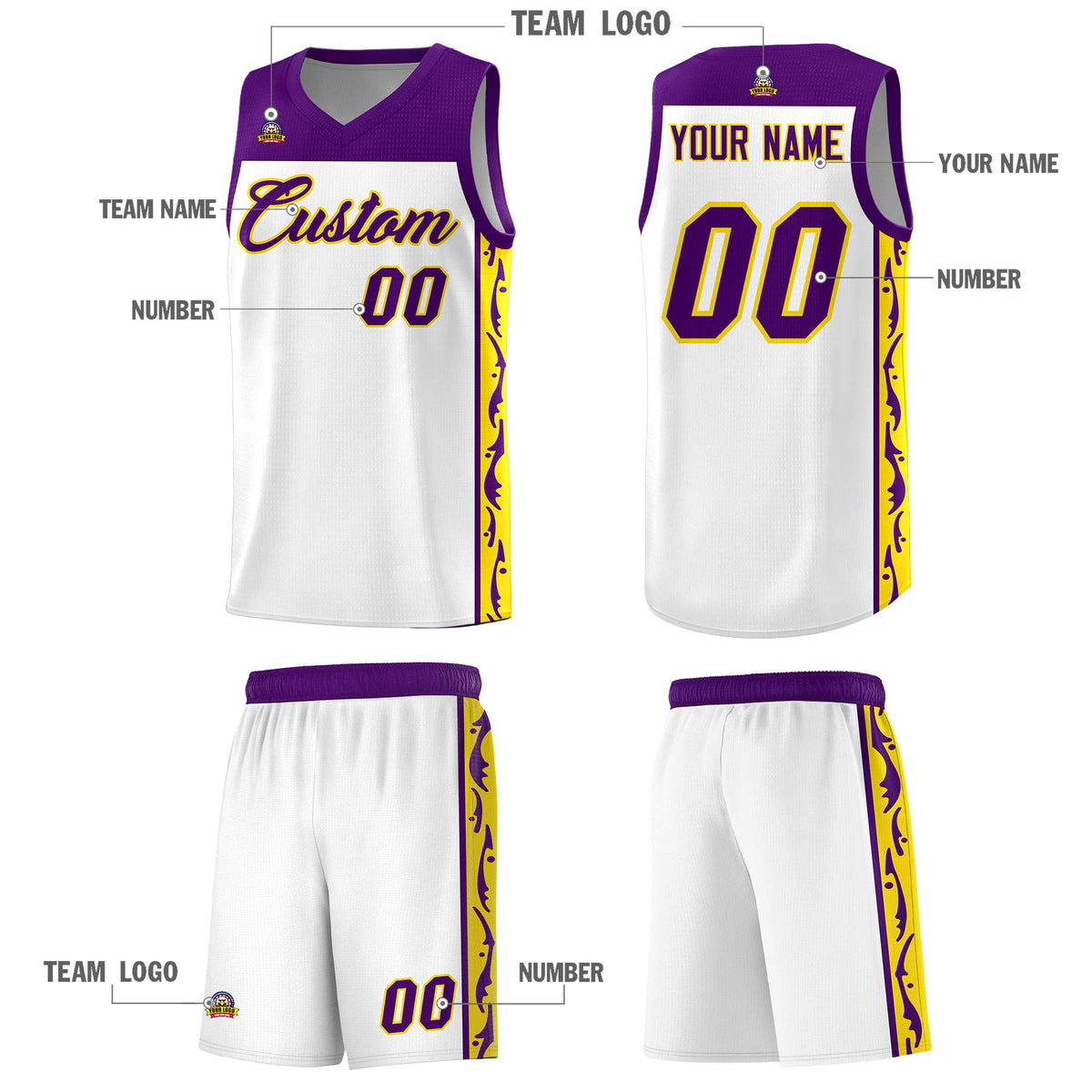Custom White Side Pattern Sports Uniform Basketball Jersey