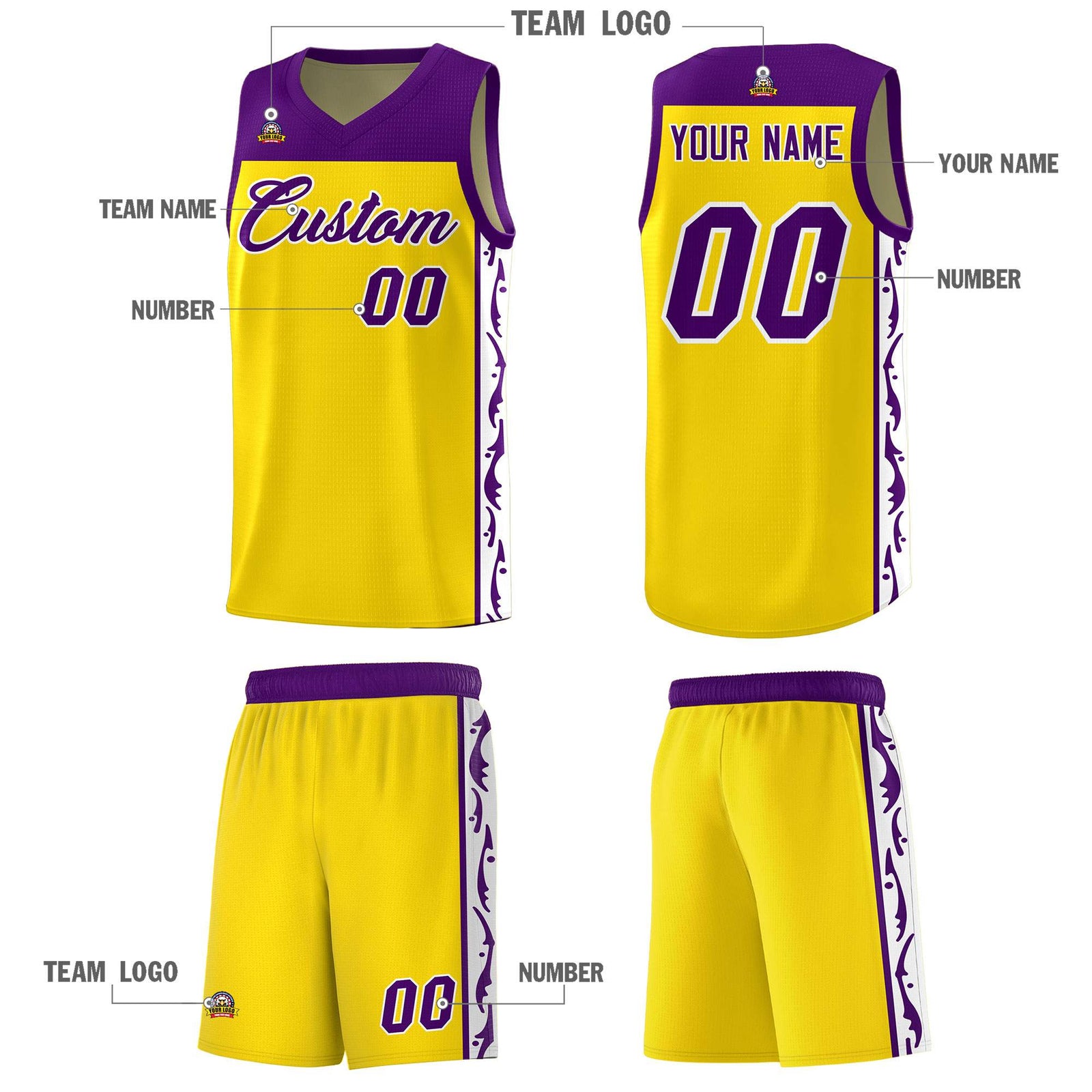 Custom Gold Side Pattern Sports Uniform Basketball Jersey