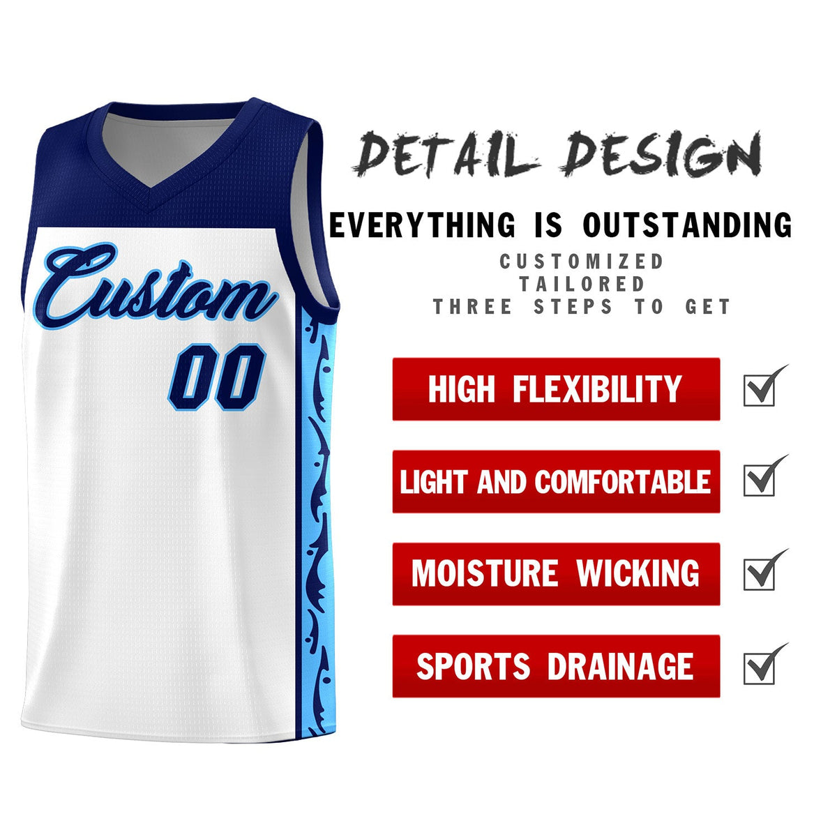 Custom White Side Pattern Sports Uniform Basketball Jersey