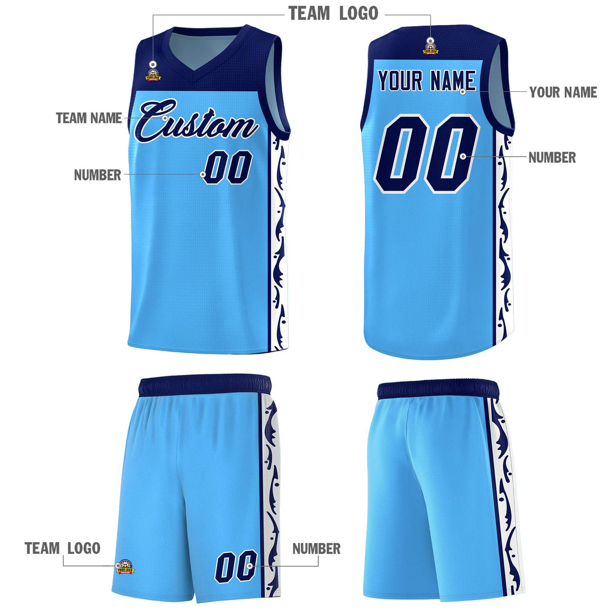 Custom Light Blue Side Pattern Sports Uniform Basketball Jersey