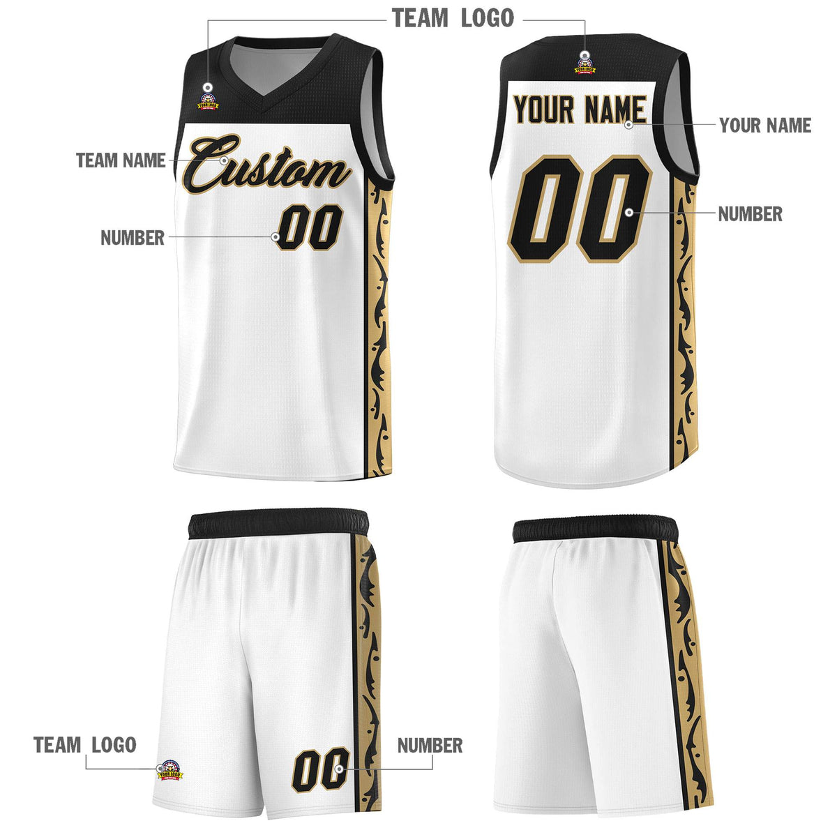 Custom White Side Pattern Sports Uniform Basketball Jersey