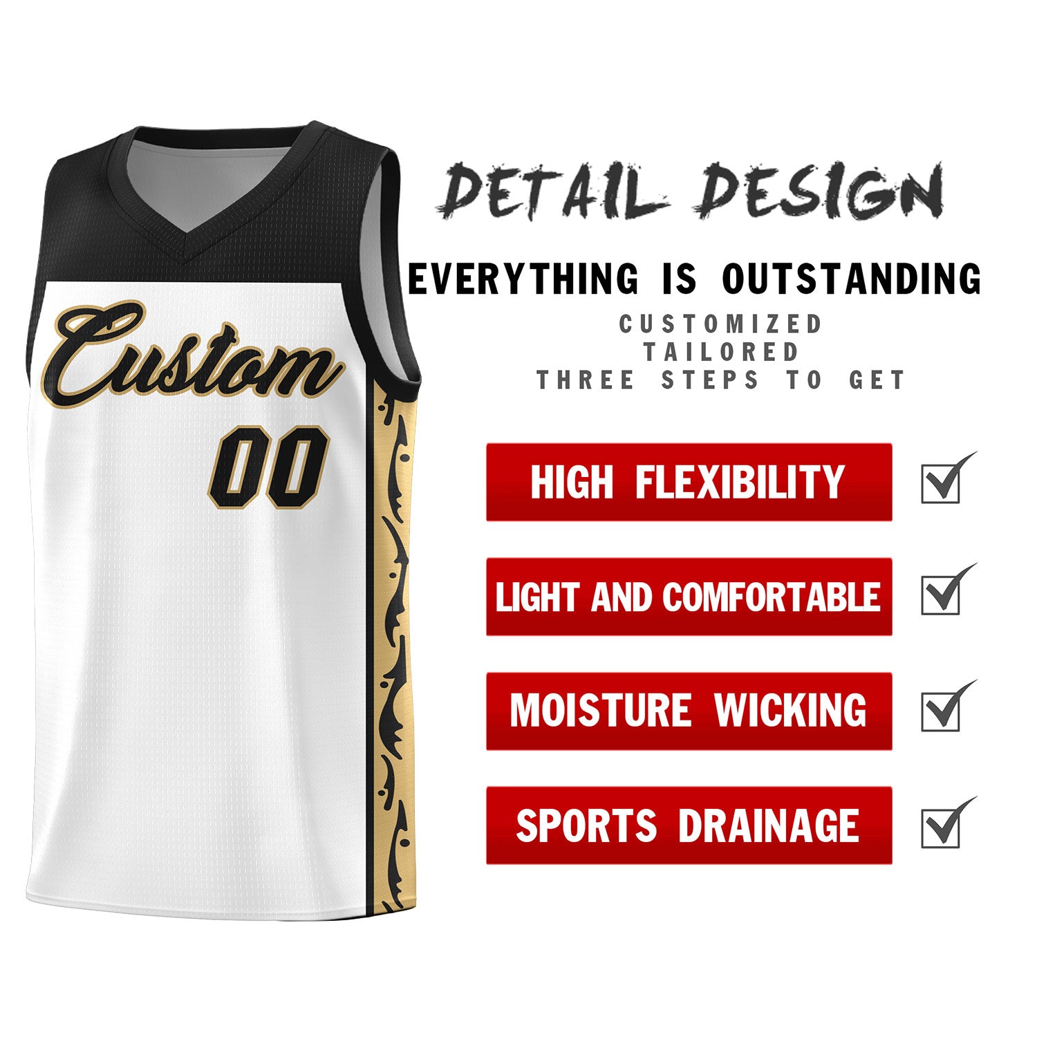 Custom White Side Pattern Sports Uniform Basketball Jersey