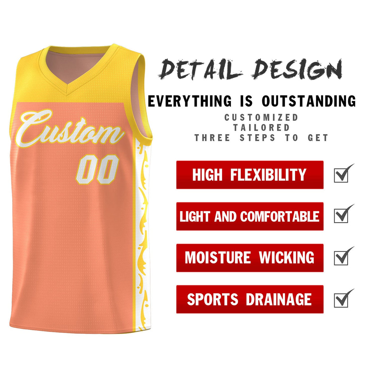 Custom Gold Orange Side Pattern Sports Uniform Basketball Jersey