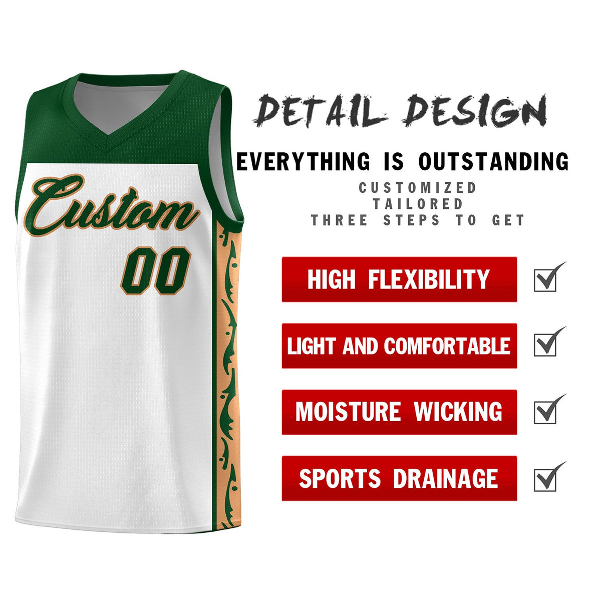 Custom White Side Pattern Sports Uniform Basketball Jersey