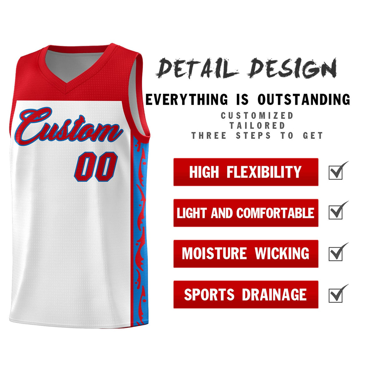 Custom White Side Pattern Sports Uniform Basketball Jersey