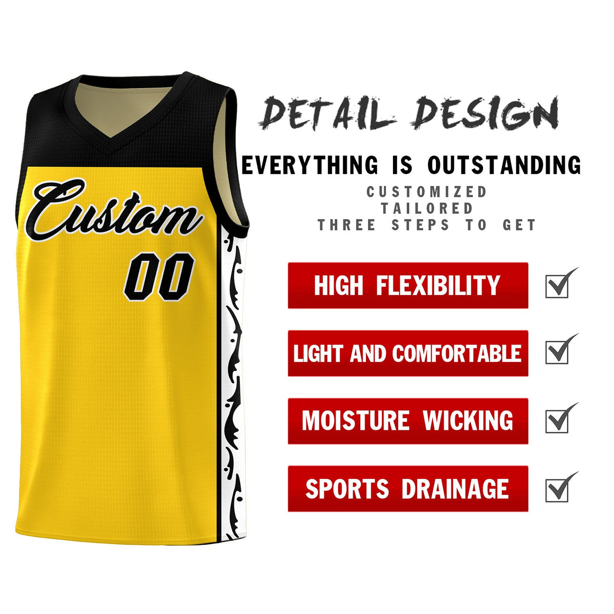 Custom Gold Side Pattern Sports Uniform Basketball Jersey